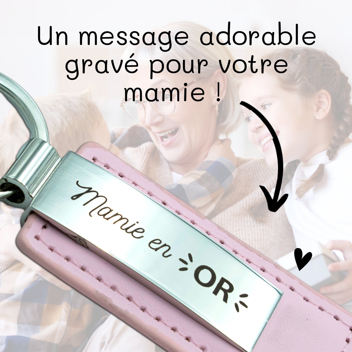 PORTE-CLEFS EN ACIER ET CUIR - ROSE - MAMIE EN OR