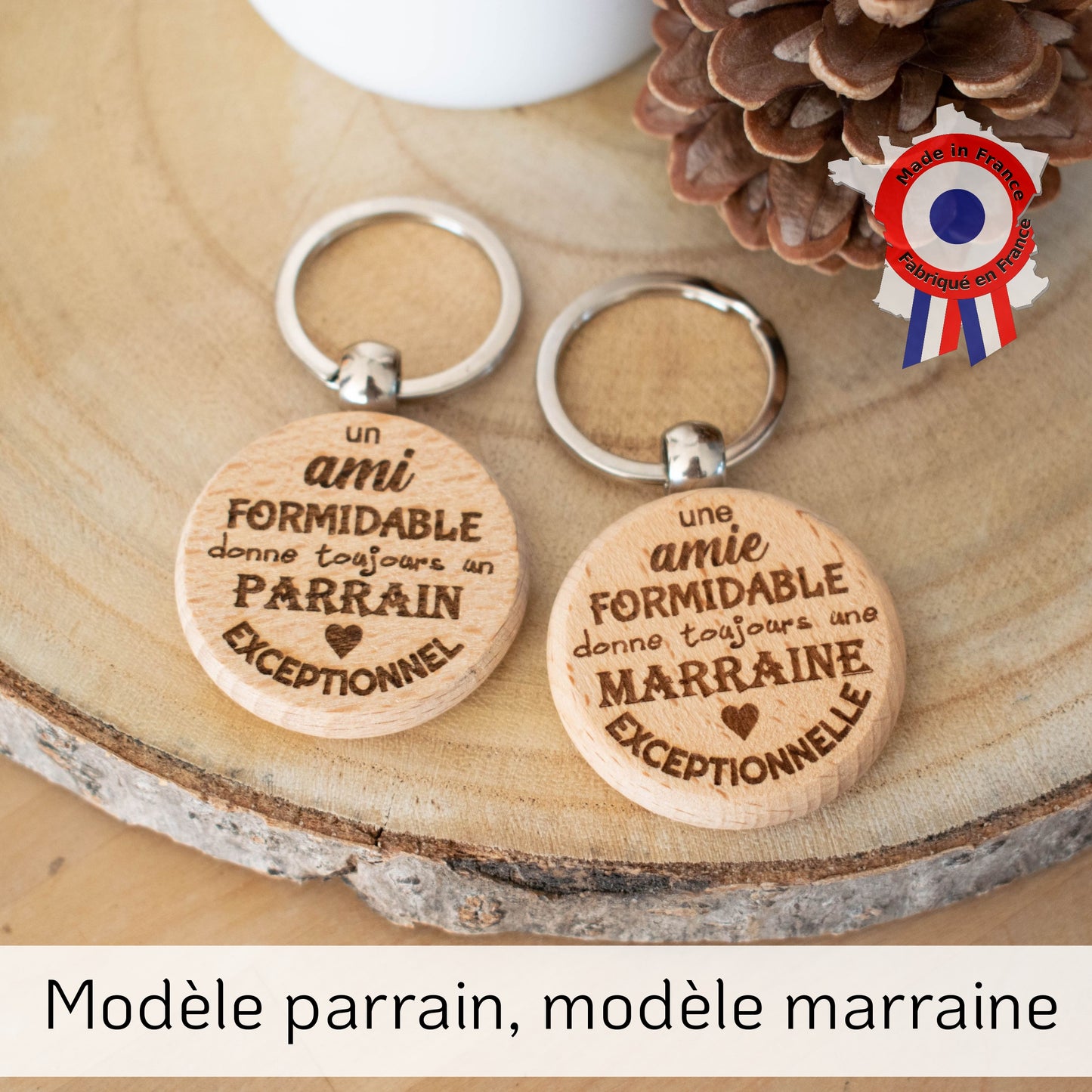 PORTE-CLEFS ROND EN BOIS - PARRAIN - AMI FORMIDABLE PARRAIN EXCEPTIONNEL