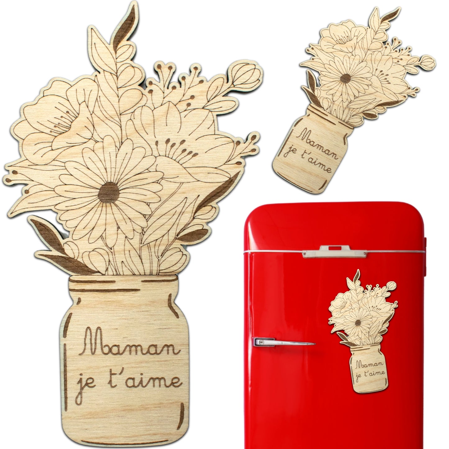 MAGNET EN BOIS - BOUQUET DE FLEURS - MAMAN JE T'AIME
