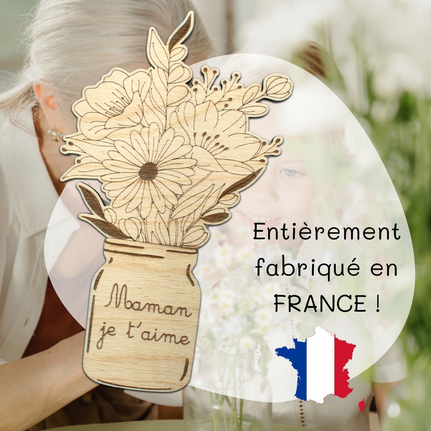 MAGNET EN BOIS - BOUQUET DE FLEURS - MAMAN JE T'AIME