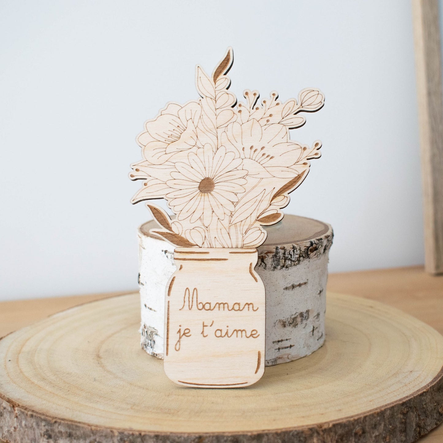 MAGNET EN BOIS - BOUQUET DE FLEURS - MAMAN JE T'AIME