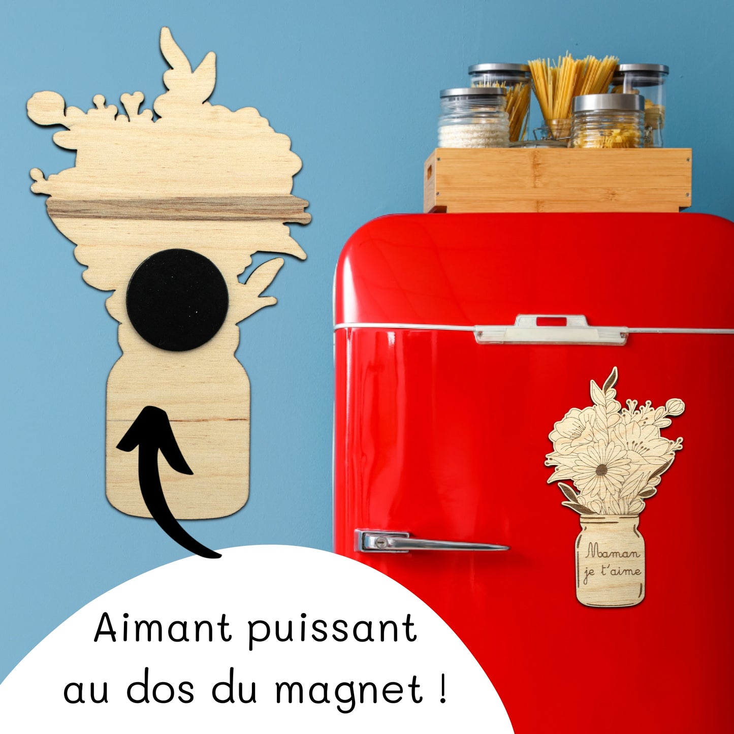MAGNET EN BOIS - BOUQUET DE FLEURS - MAMAN JE T'AIME