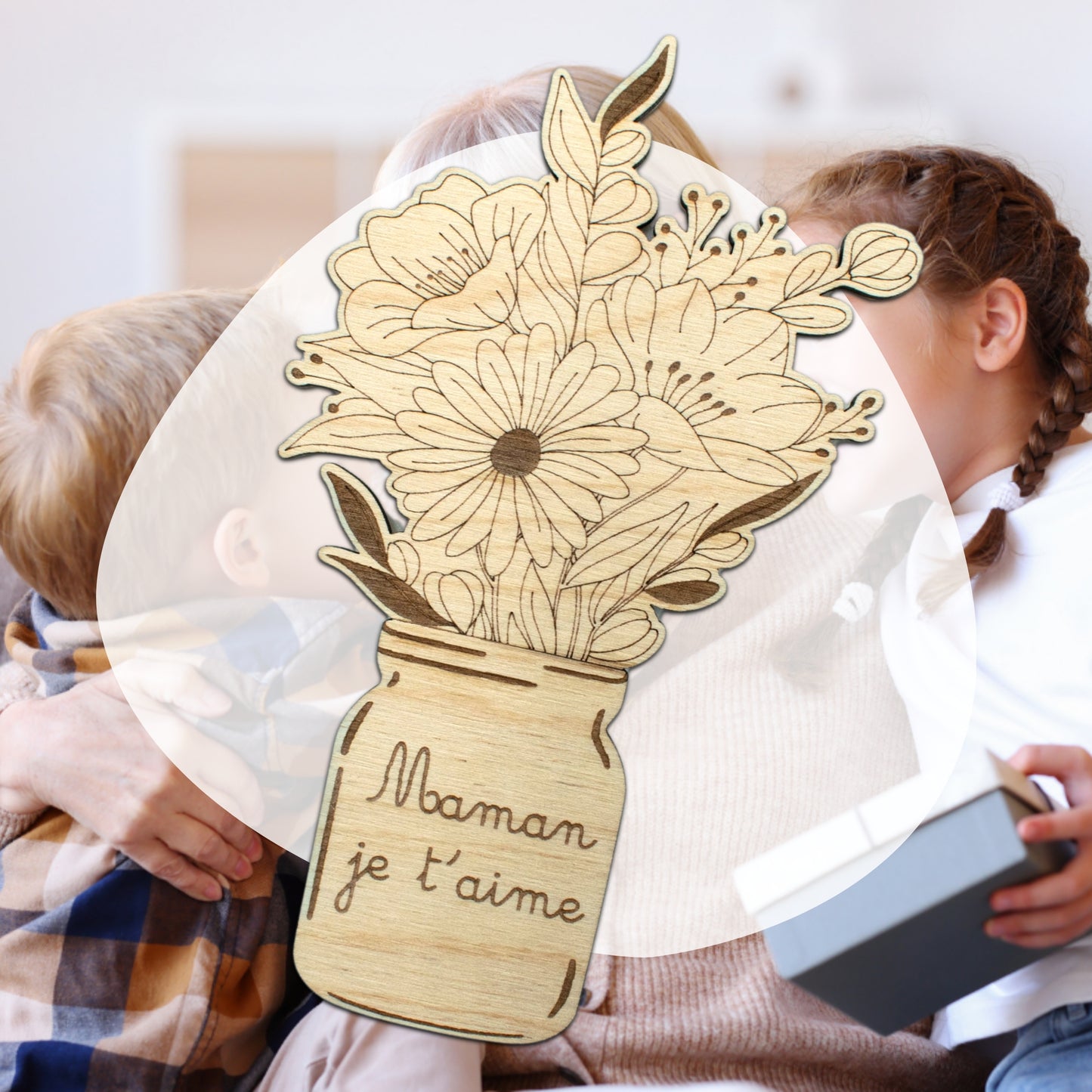 MAGNET EN BOIS - BOUQUET DE FLEURS - MAMAN JE T'AIME