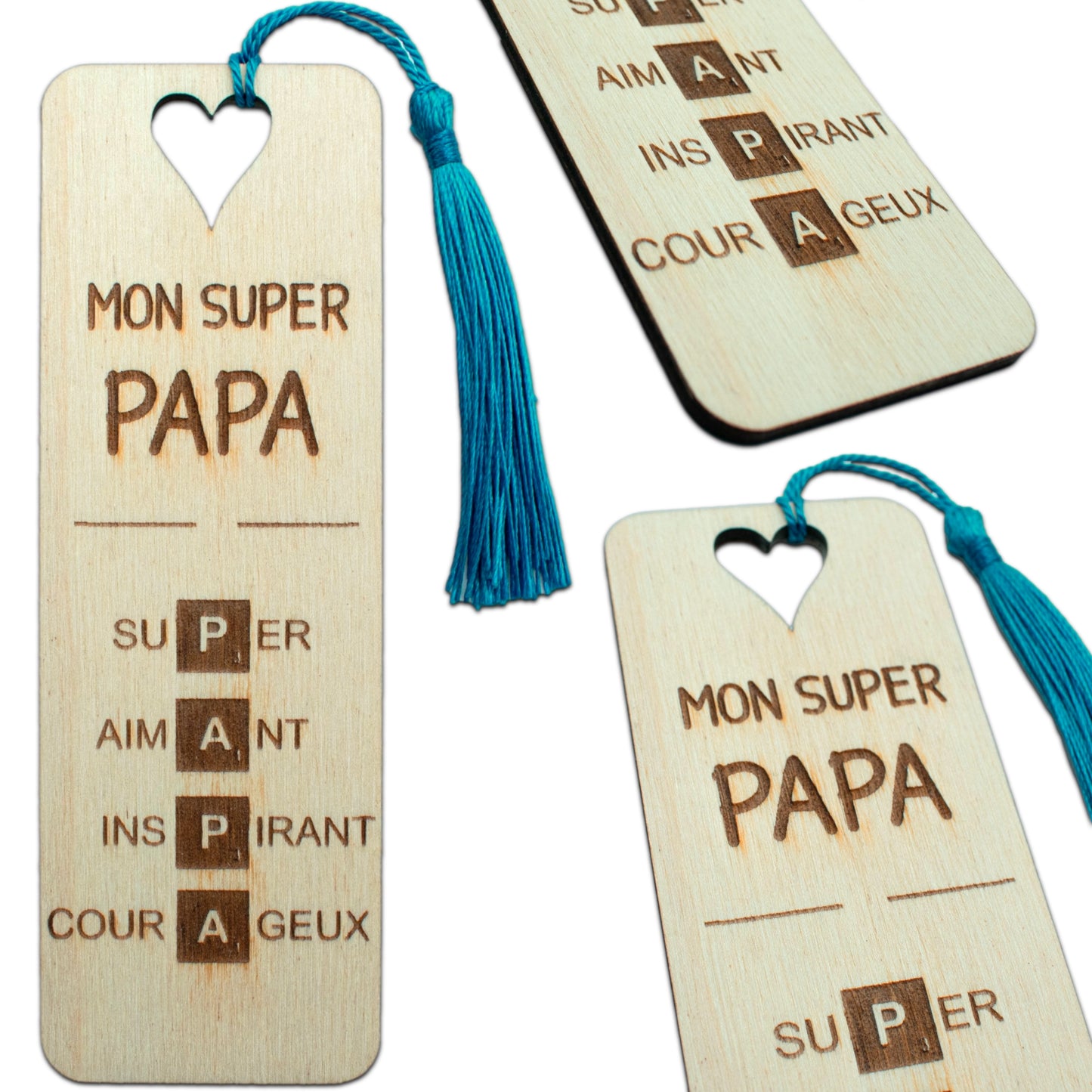 MARQUE-PAGES EN BOIS AVEC POMPON - BLEU - PAPA - SCRABBLE
