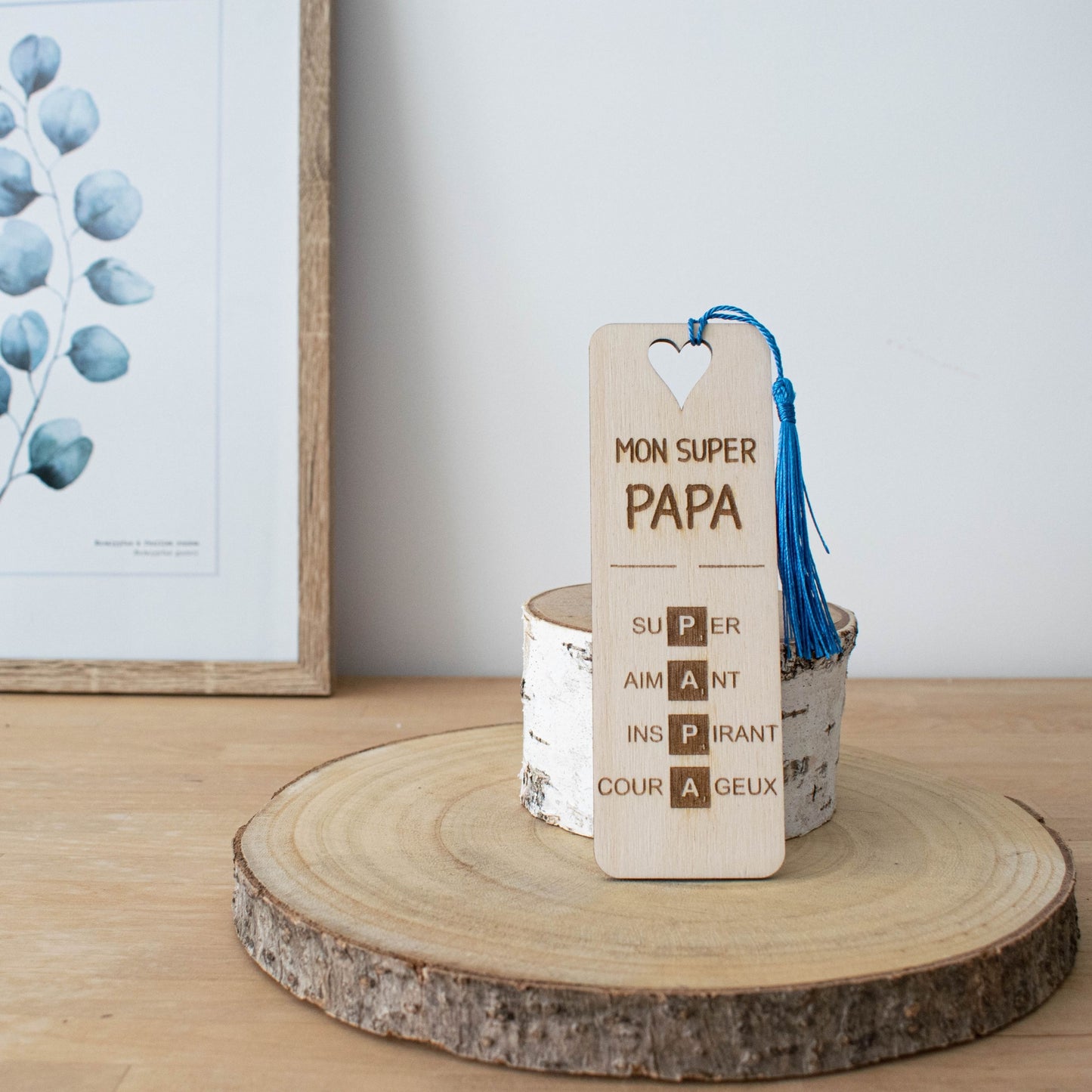 MARQUE-PAGES EN BOIS AVEC POMPON - BLEU - PAPA - SCRABBLE