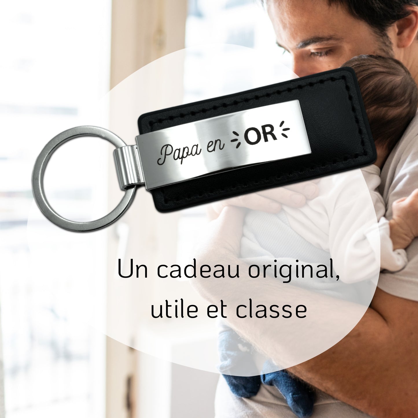 PORTE-CLEFS EN ACIER ET CUIR - NOIR - PAPA EN OR