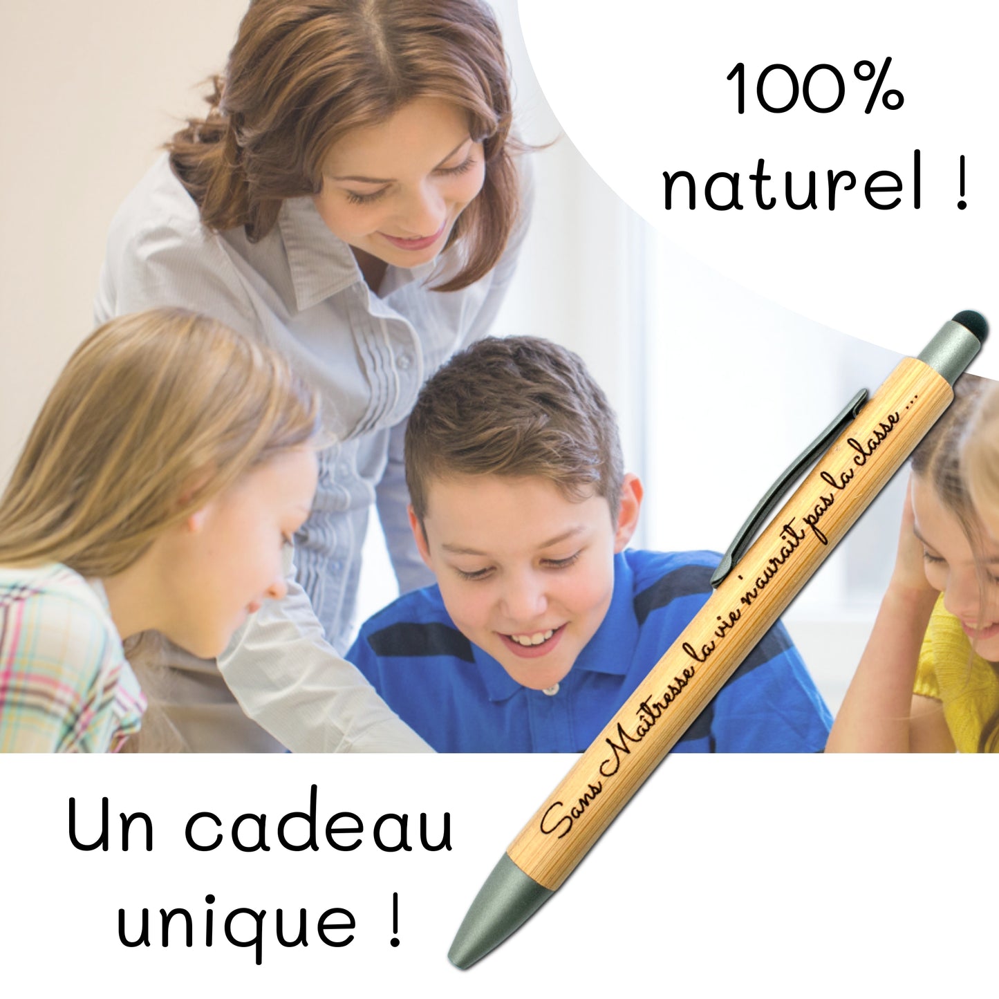 STYLO BAMBOU AVEC EMBOUT TACTILE - MAITRESSE - LA CLASSE