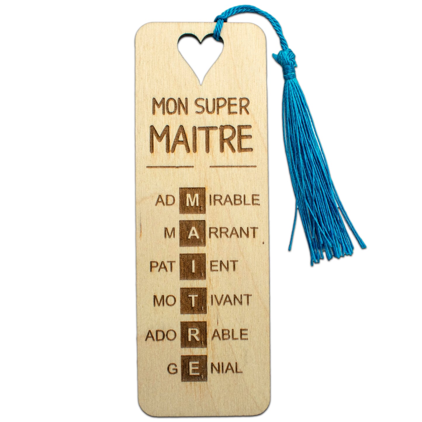 MARQUE-PAGES EN BOIS AVEC POMPON - BLEU - MAITRE - SCRABBLE