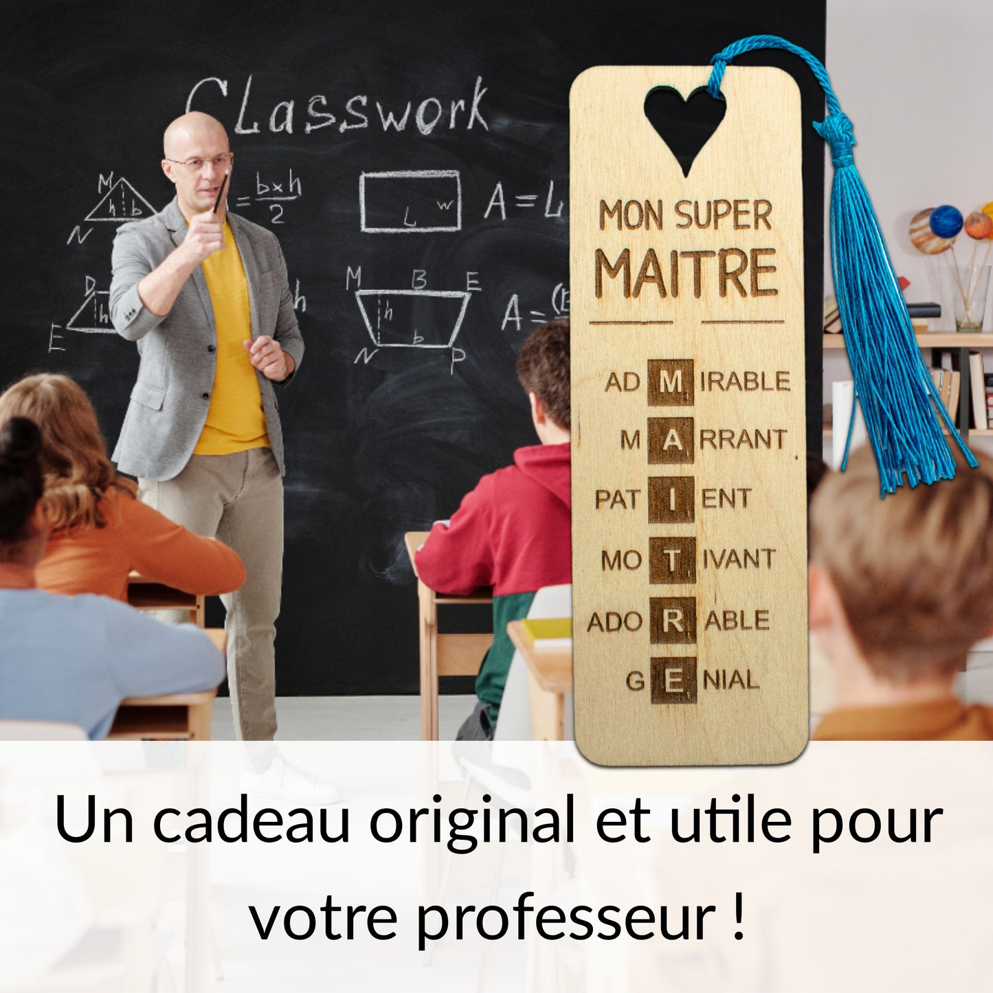 MARQUE-PAGES EN BOIS AVEC POMPON - BLEU - MAITRE - SCRABBLE