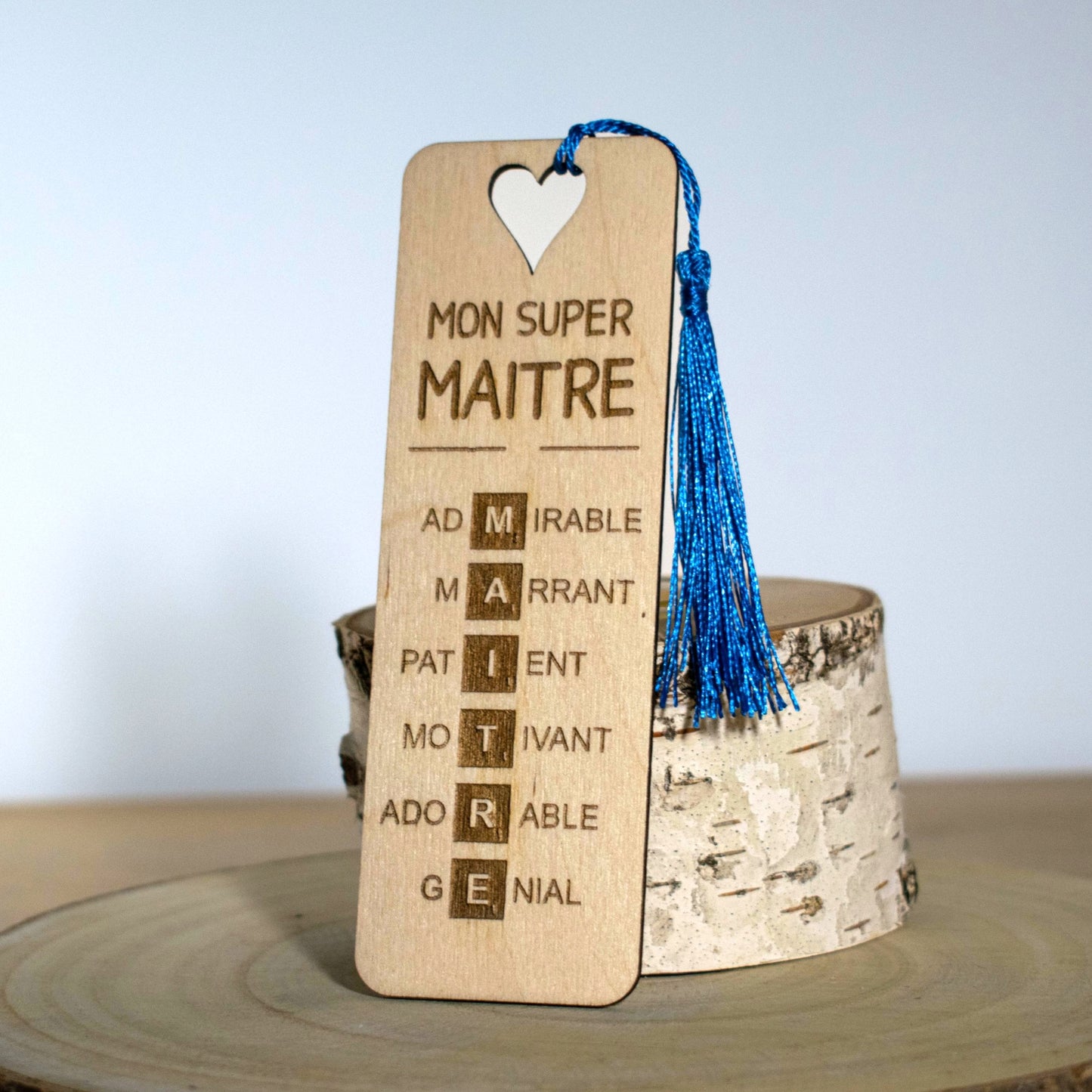 MARQUE-PAGES EN BOIS AVEC POMPON - BLEU - MAITRE - SCRABBLE