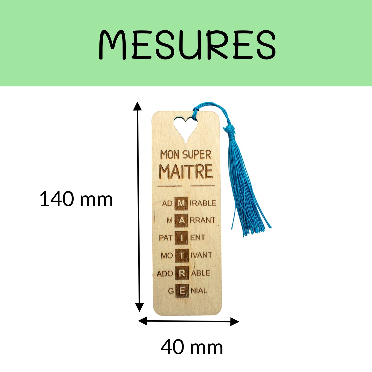 MARQUE-PAGES EN BOIS AVEC POMPON - BLEU - MAITRE - SCRABBLE