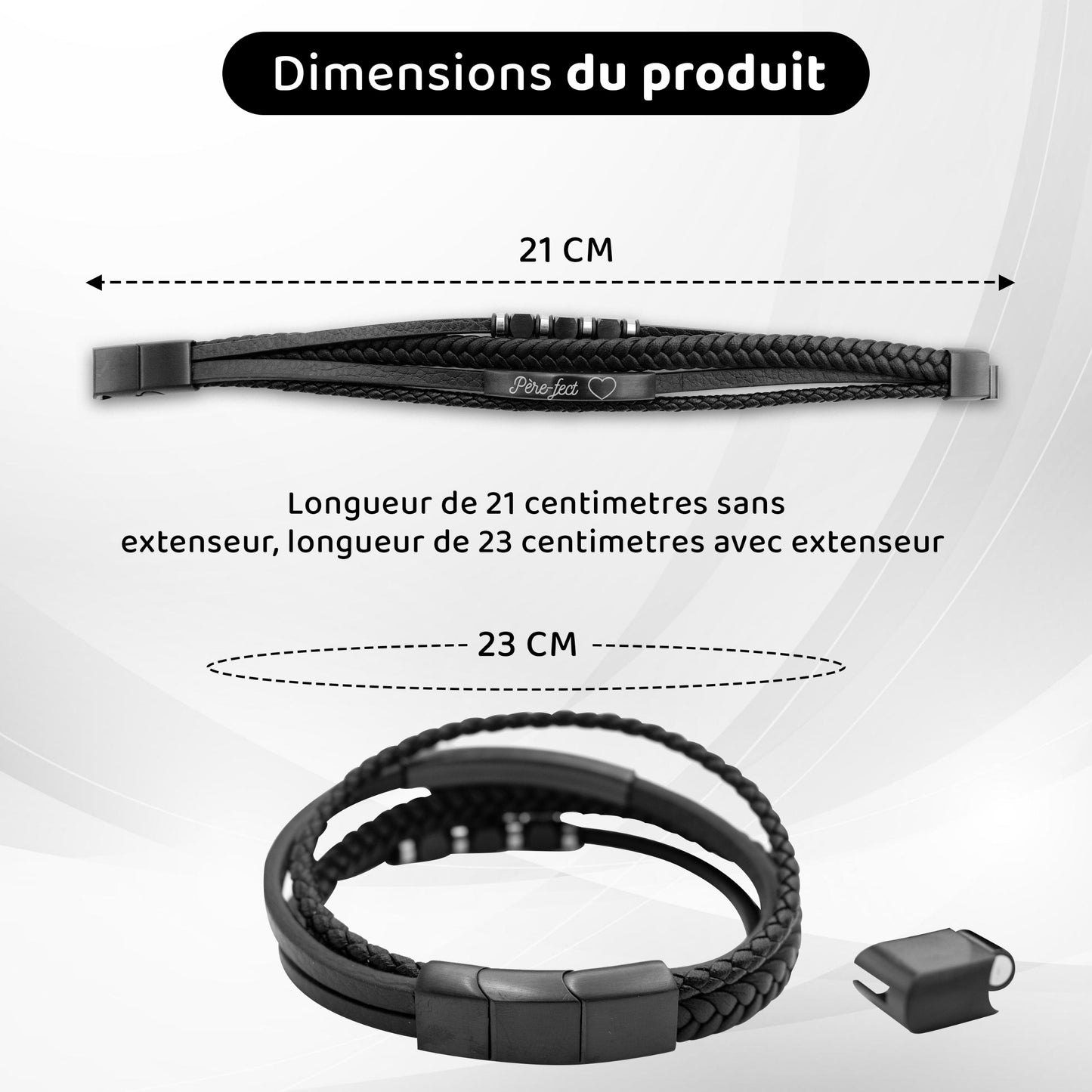 BRACELET EN CUIR NOIR ET ACIER INOXYDABLE - PAPA - PERE-FECT