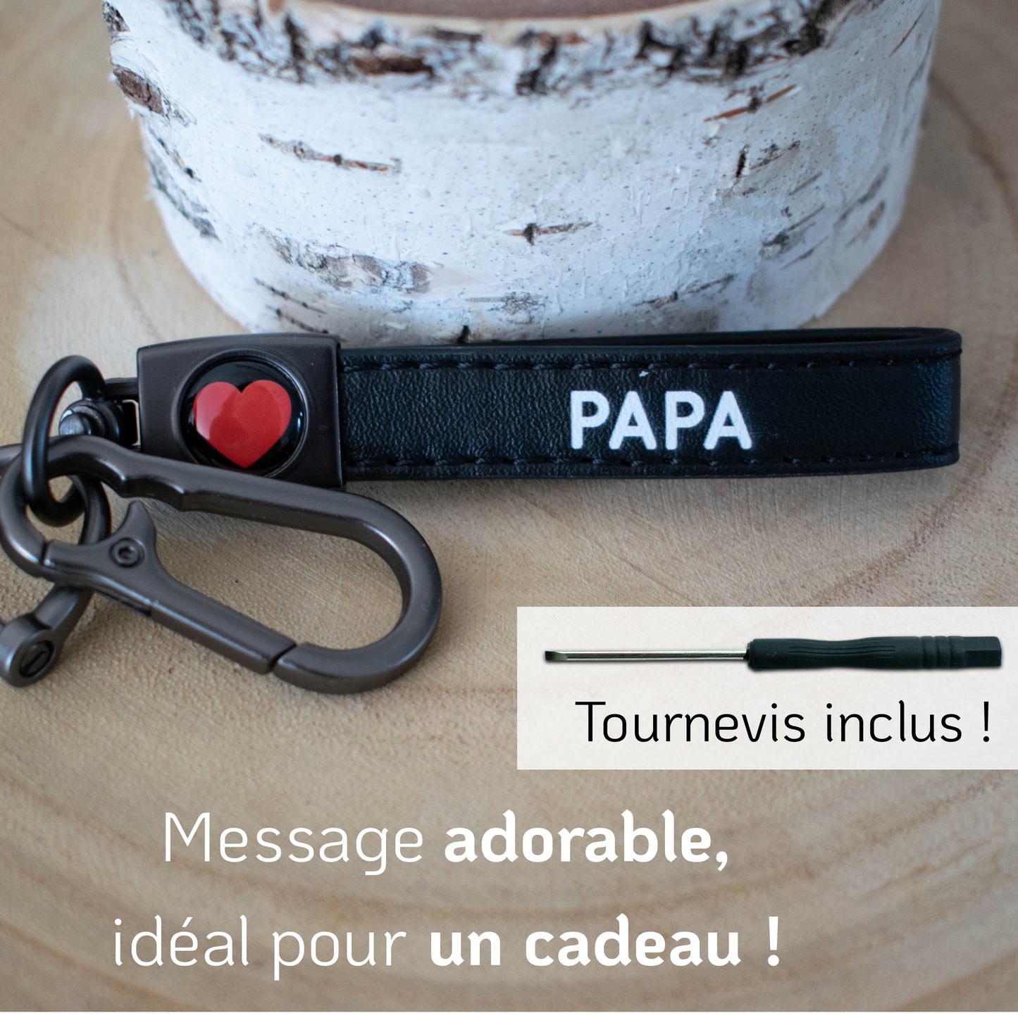 PORTE-CLEFS EN CUIR NOIR - COEUR ROUGE - PAPA