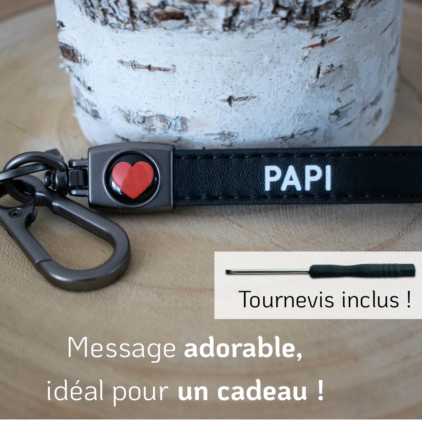 PORTE-CLEFS EN CUIR NOIR - COEUR ROUGE - PAPI
