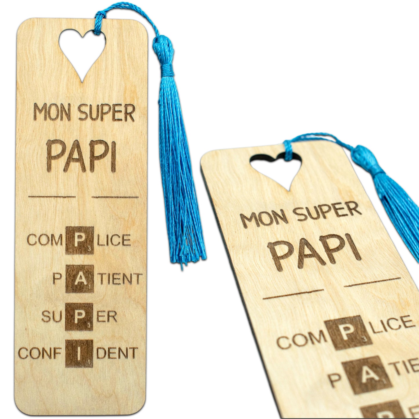 MARQUE-PAGES EN BOIS AVEC POMPON - BLEU - PAPI - SCRABBLE