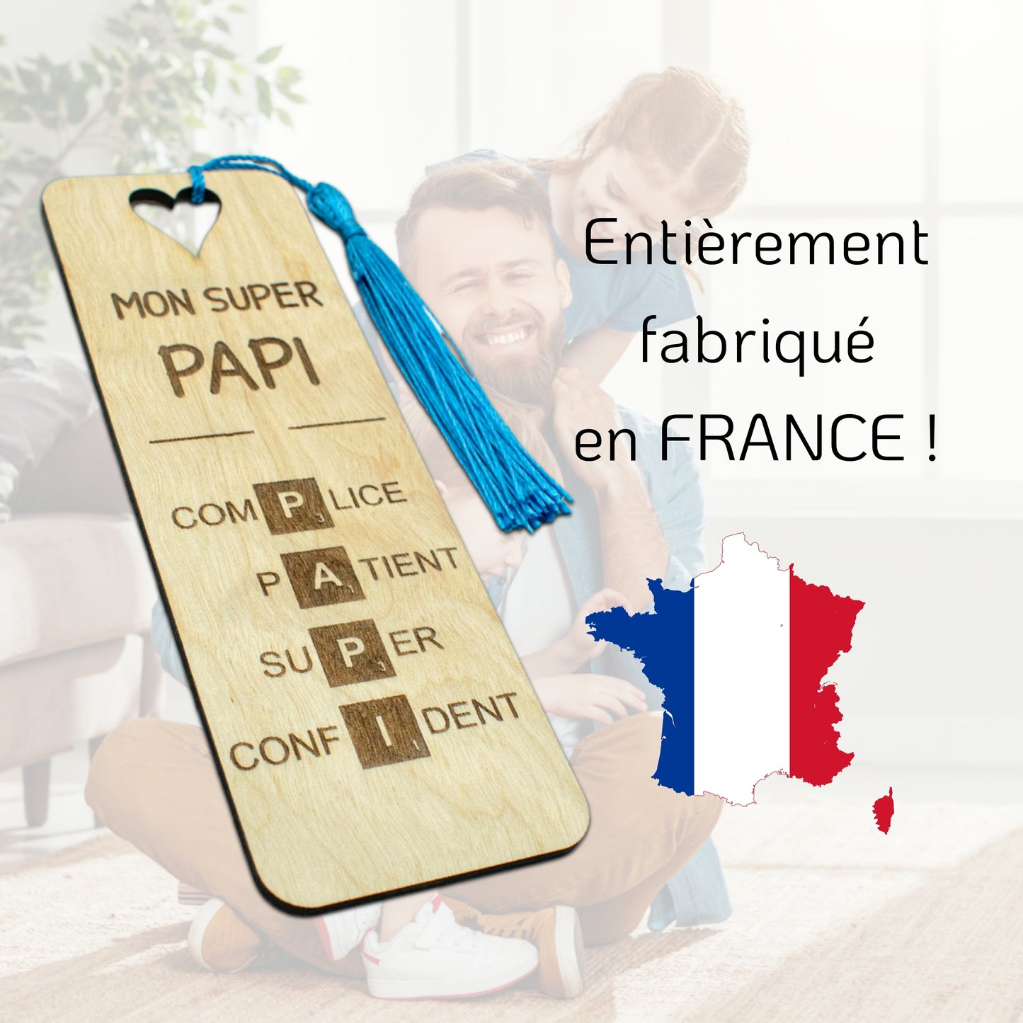 MARQUE-PAGES EN BOIS AVEC POMPON - BLEU - PAPI - SCRABBLE