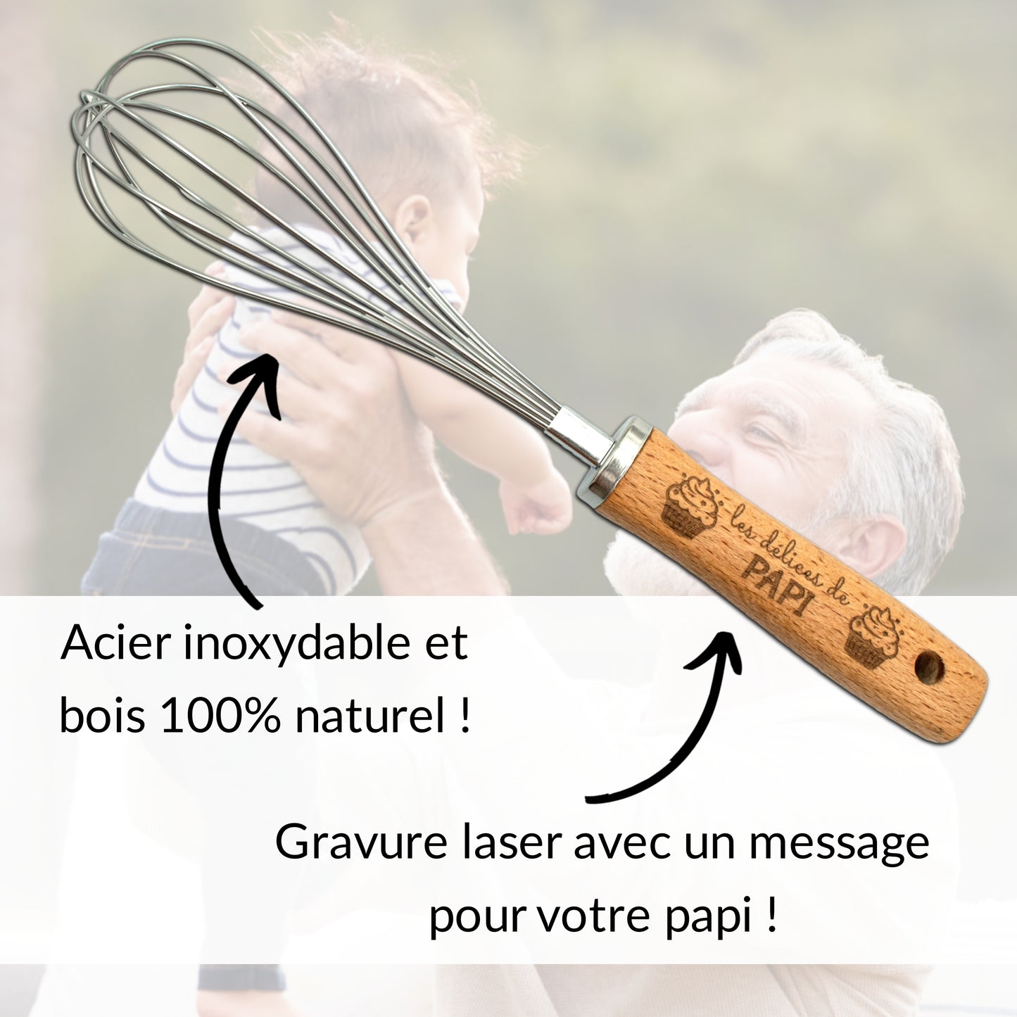 FOUET EN ACIER ET MANCHE EN BOIS - PAPI - LES DELICES DE PAPI