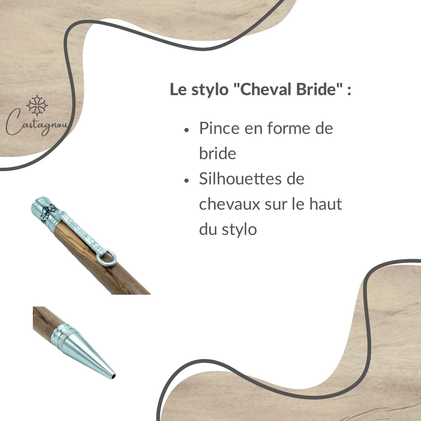 STYLO EN BOIS D'OLIVIER - MODELE CHEVAL (BRIDE)