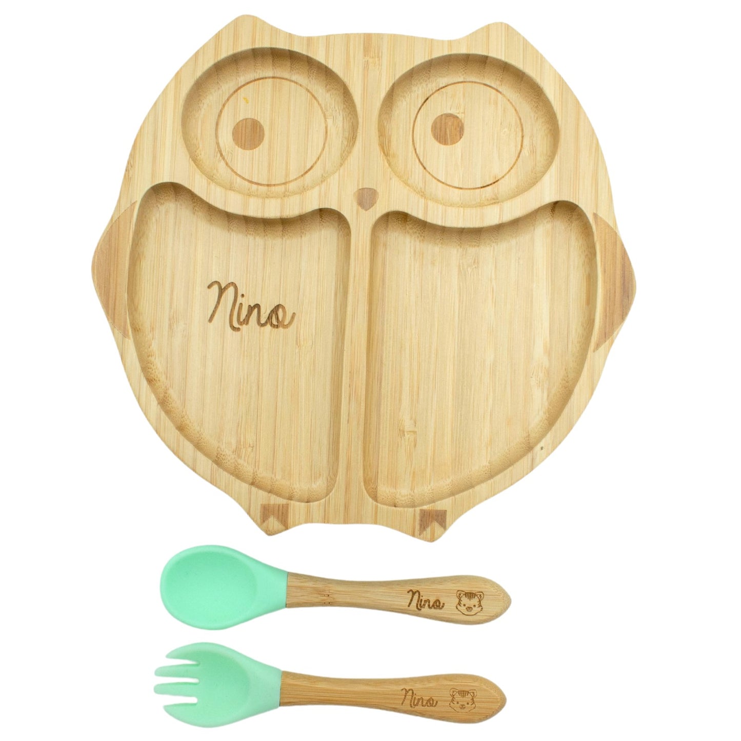 ASSIETTE ET COUVERTS BAMBOU PERSONNALISÉ - HIBOUX