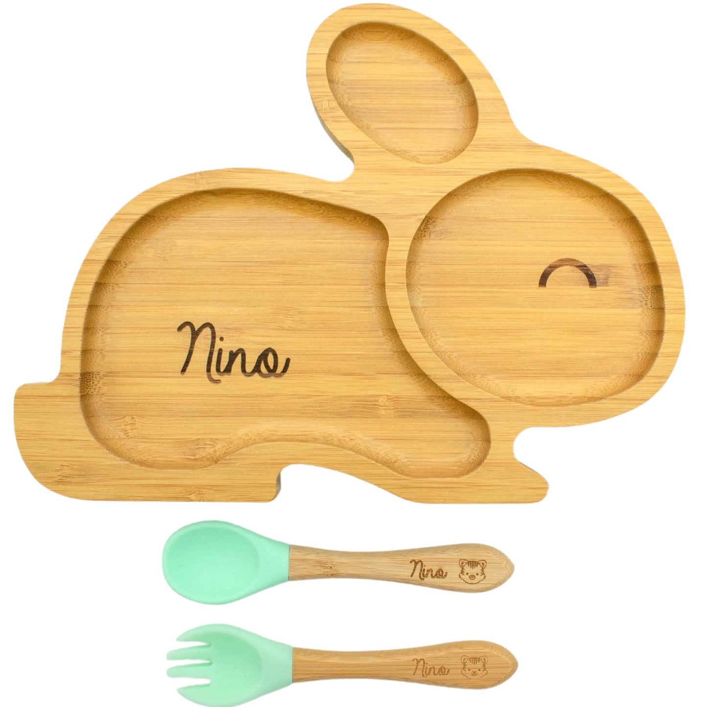ASSIETTE ET COUVERTS BAMBOU PERSONNALISÉ - LAPIN