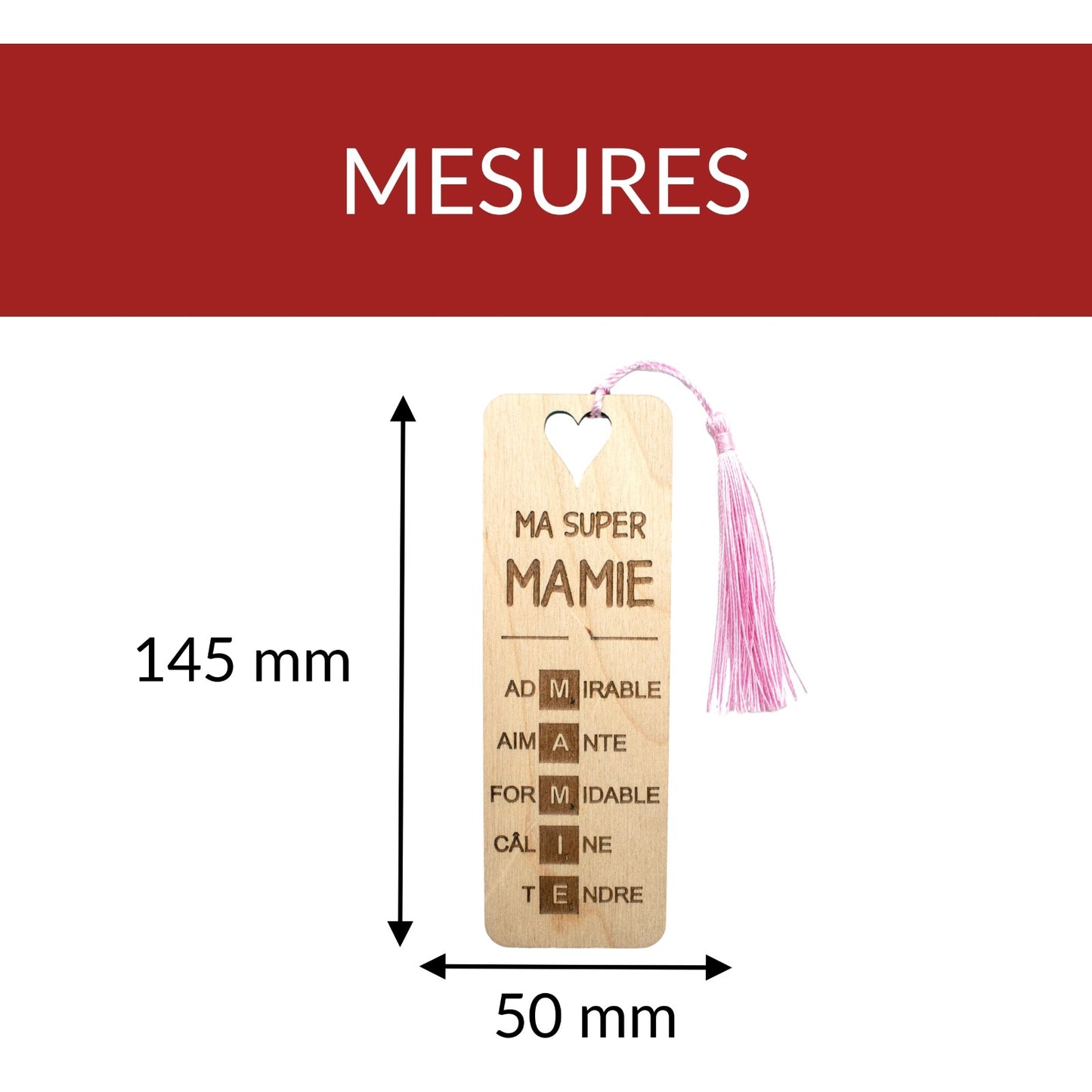 MARQUE-PAGES EN BOIS AVEC POMPON - ROSE - MAMIE - SCRABBLE