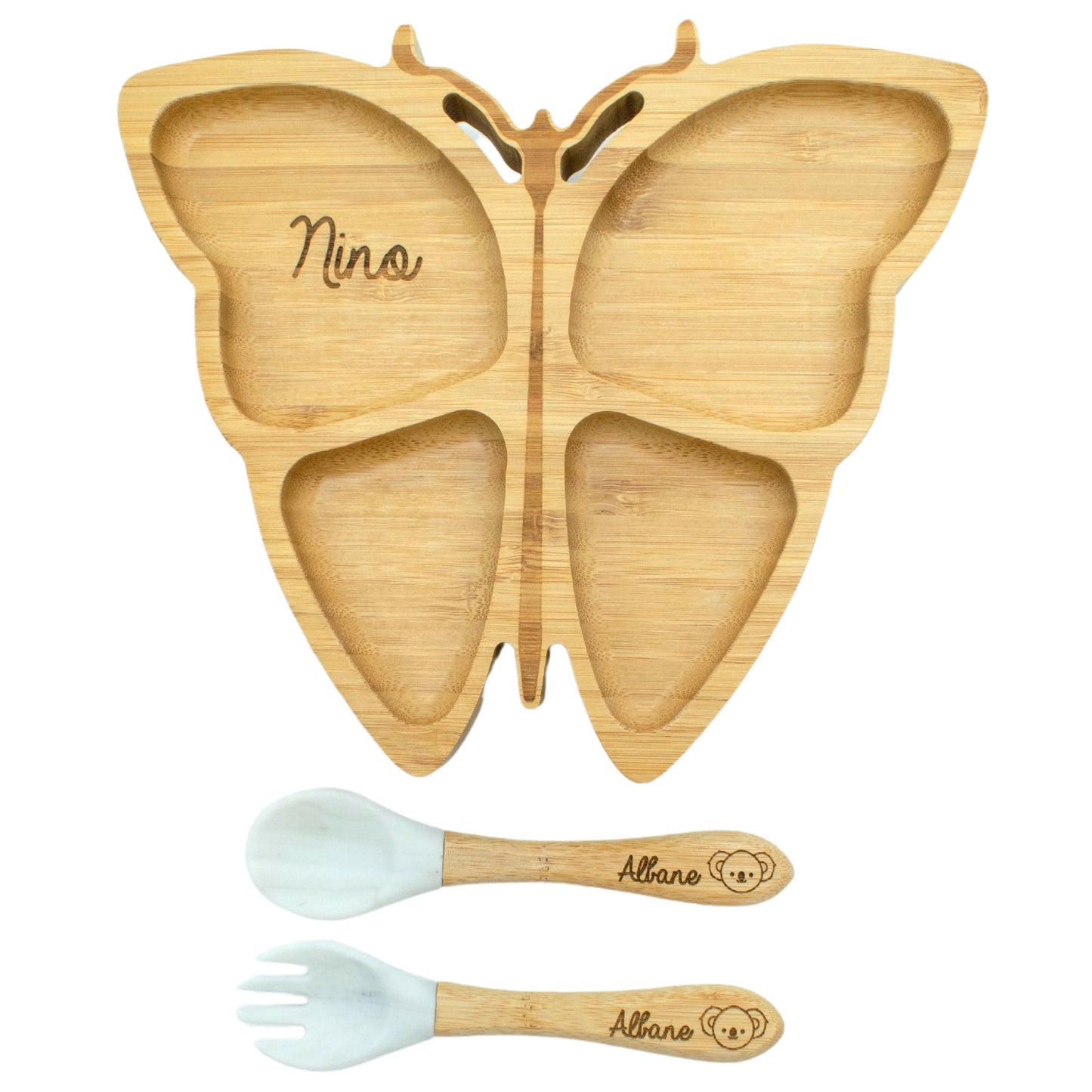 ASSIETTE ET COUVERTS BAMBOU PERSONNALISÉ - PAPILLON