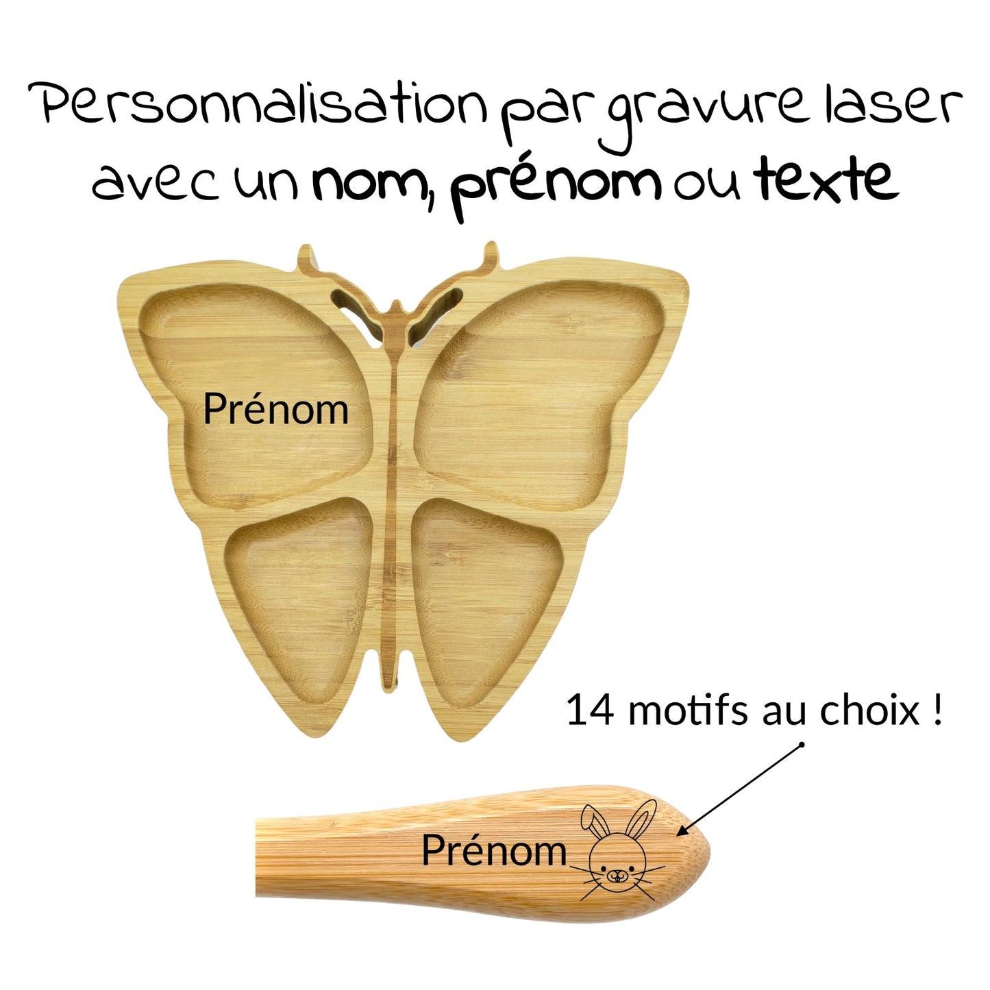 ASSIETTE ET COUVERTS BAMBOU PERSONNALISÉ - PAPILLON