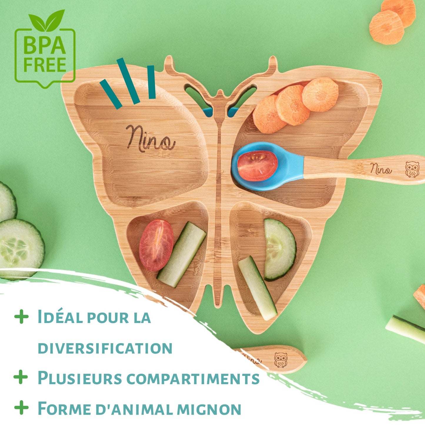 ASSIETTE ET COUVERTS BAMBOU PERSONNALISÉ - PAPILLON