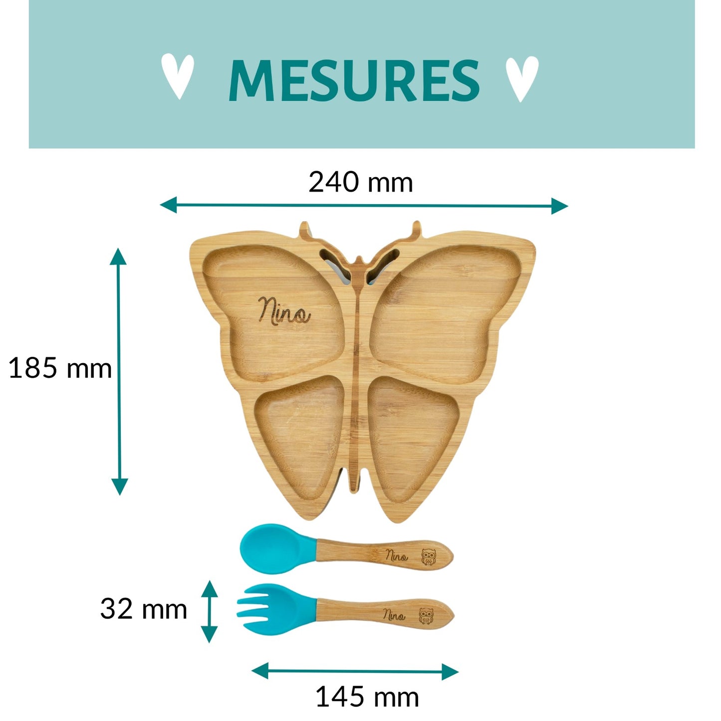 ASSIETTE ET COUVERTS BAMBOU PERSONNALISÉ - PAPILLON