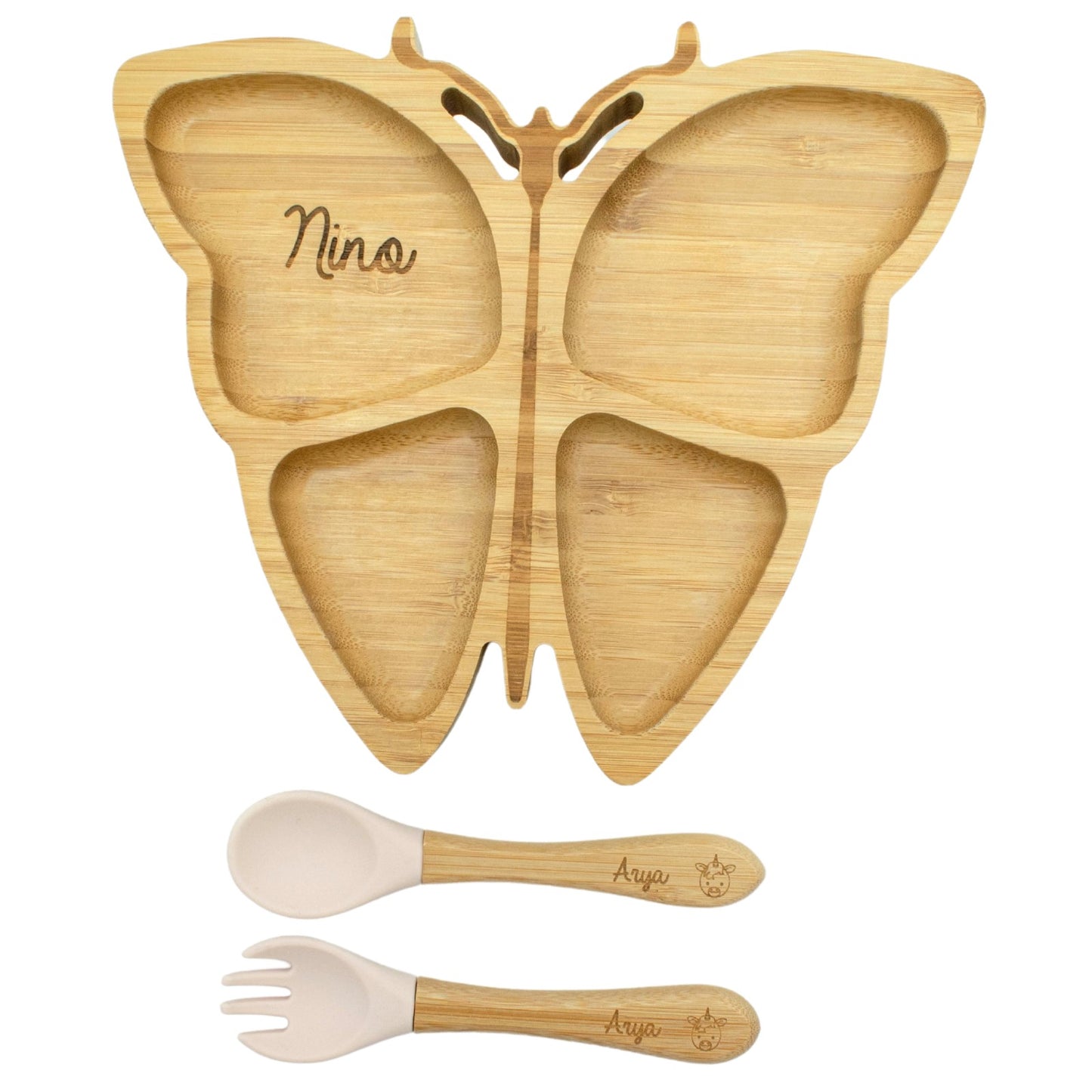 ASSIETTE ET COUVERTS BAMBOU PERSONNALISÉ - PAPILLON