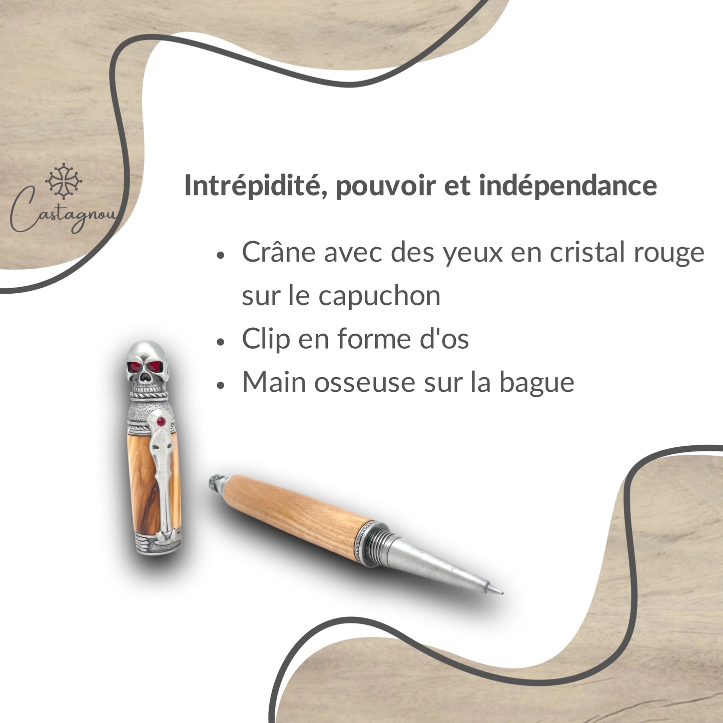 STYLO EN BOIS D'OLIVIER - MODELE BIG SKULL