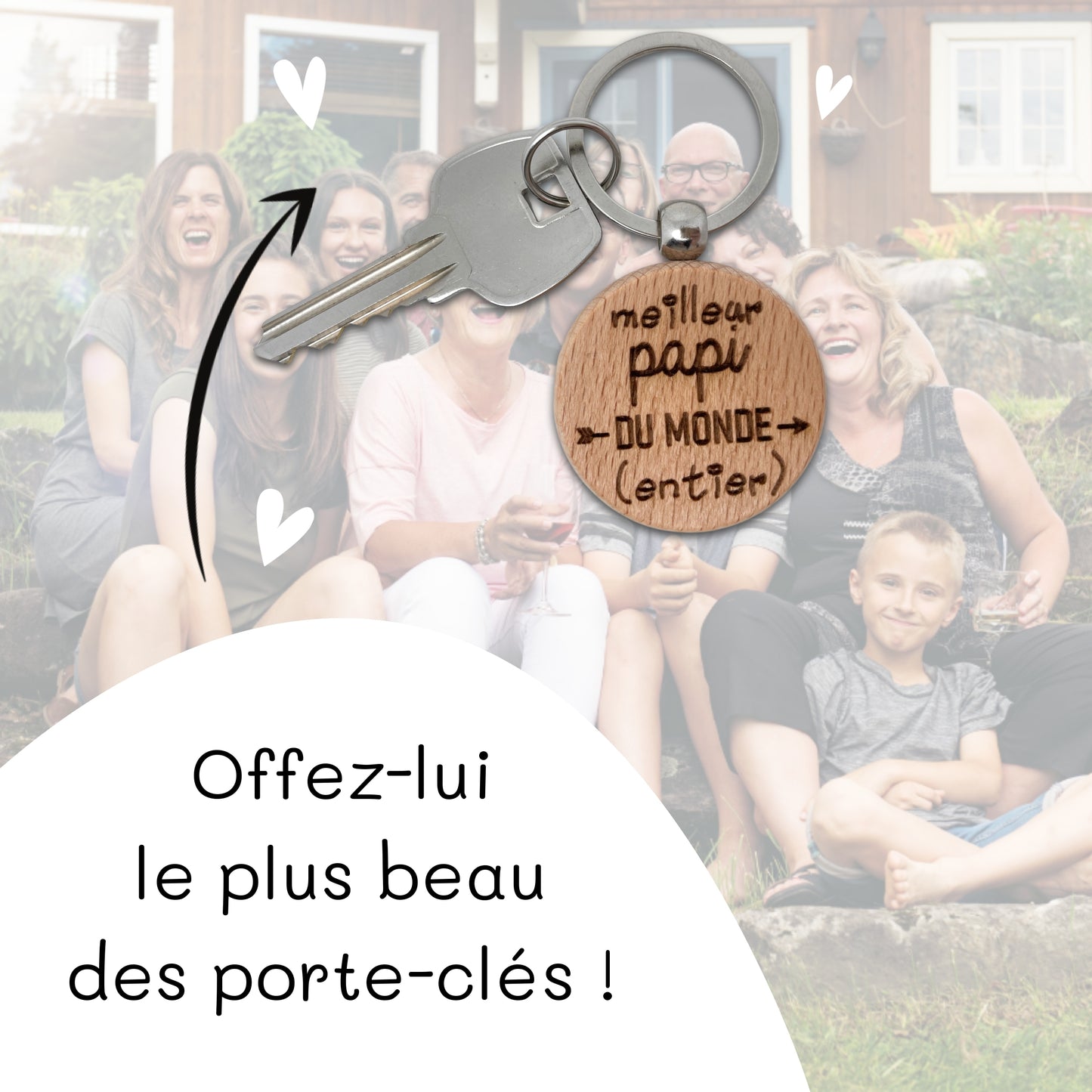 PORTE-CLEFS ROND EN BOIS - PAPI - MEILLEUR DU MONDE ENTIER