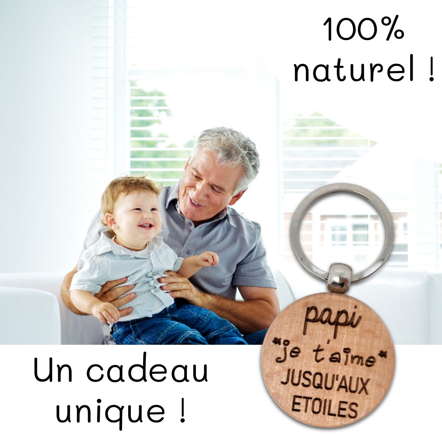 PORTE-CLEFS ROND EN BOIS - PAPI - JE T'AIME JUSQU’AUX ETOILES