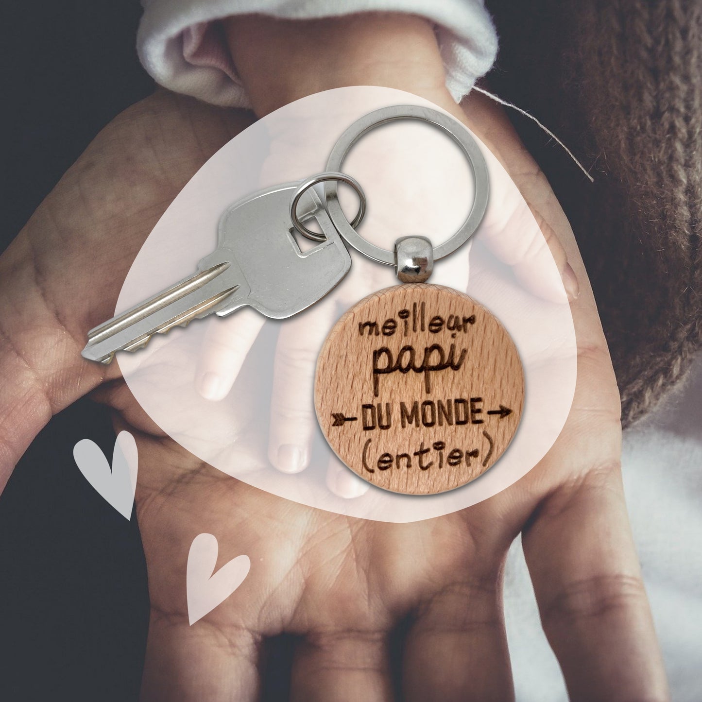 PORTE-CLEFS ROND EN BOIS - PAPI - MEILLEUR DU MONDE ENTIER