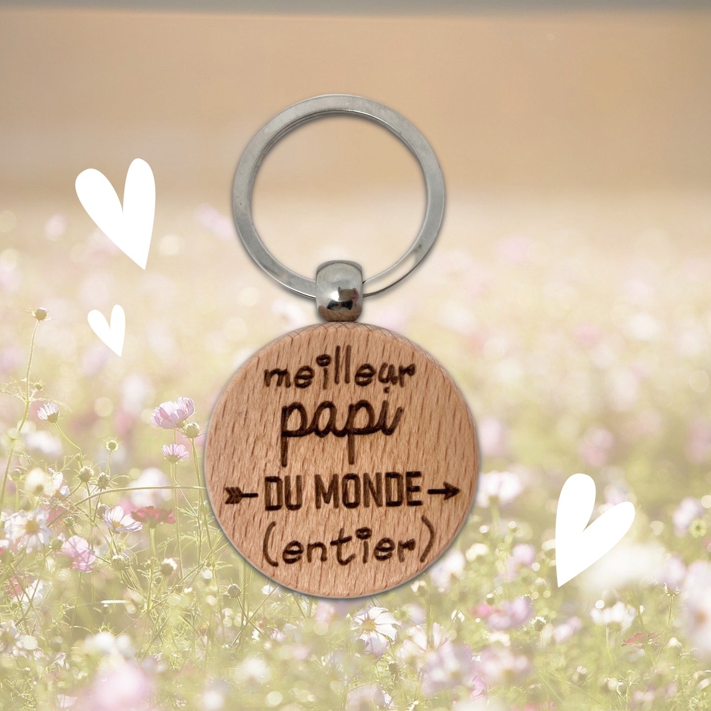 PORTE-CLEFS ROND EN BOIS - PAPI - MEILLEUR DU MONDE ENTIER