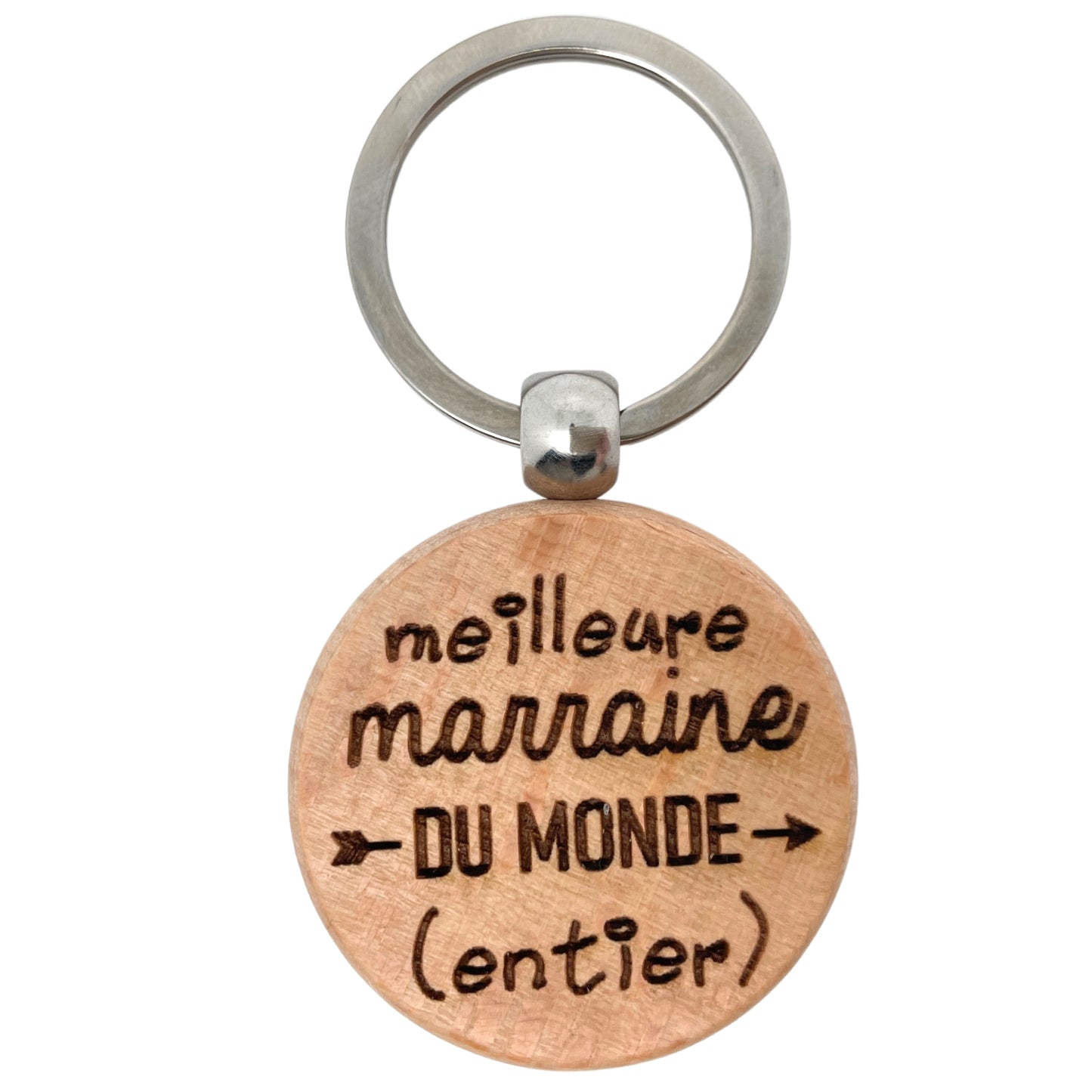 PORTE-CLEFS ROND EN BOIS - MARRAINE - MEILLEURE DU MONDE ENTIER