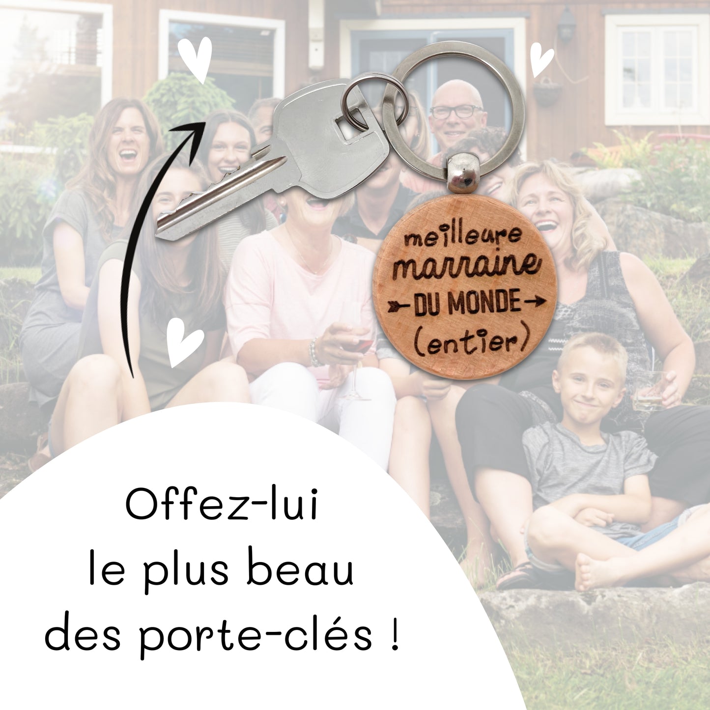 PORTE-CLEFS ROND EN BOIS - MARRAINE - MEILLEURE DU MONDE ENTIER