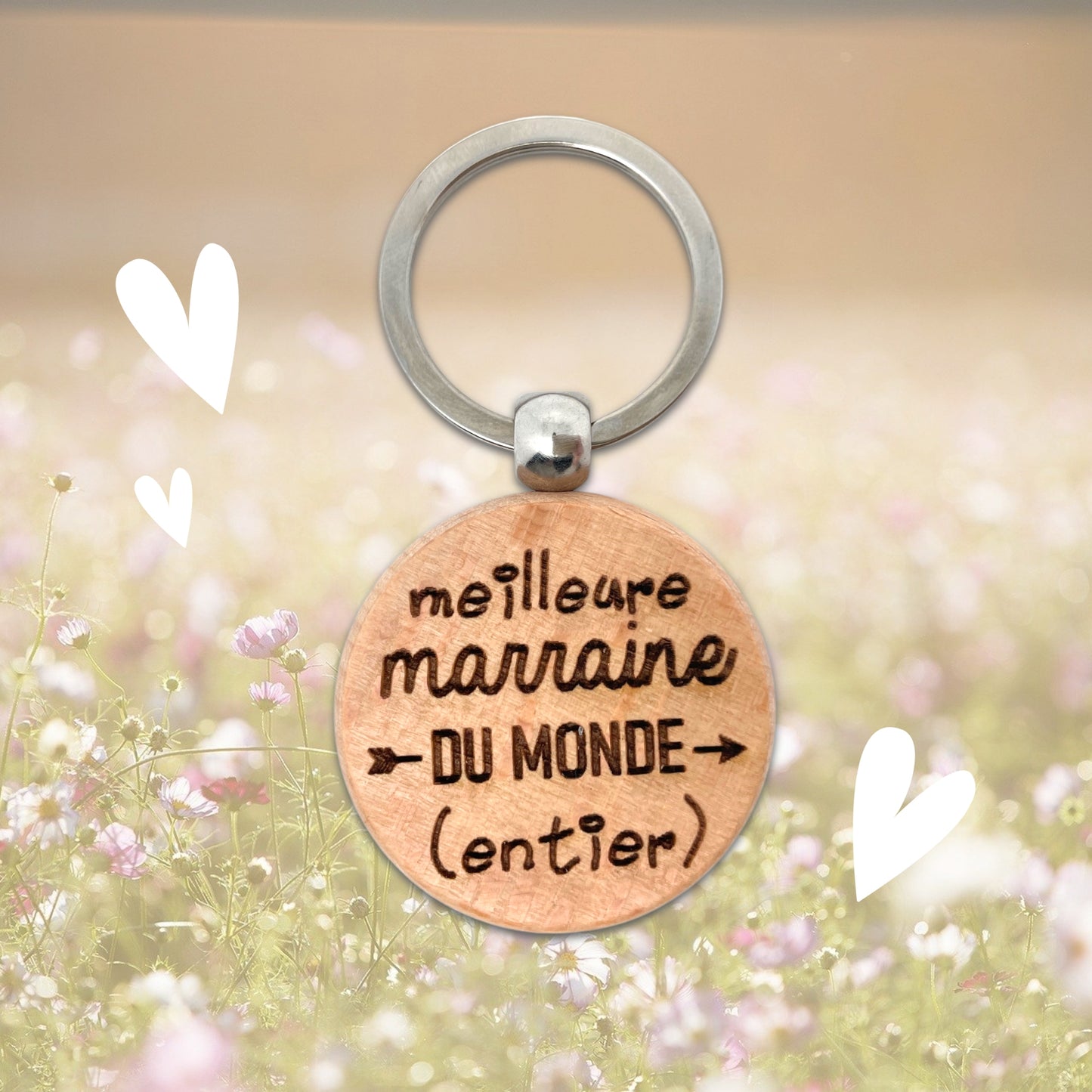 PORTE-CLEFS ROND EN BOIS - MARRAINE - MEILLEURE DU MONDE ENTIER