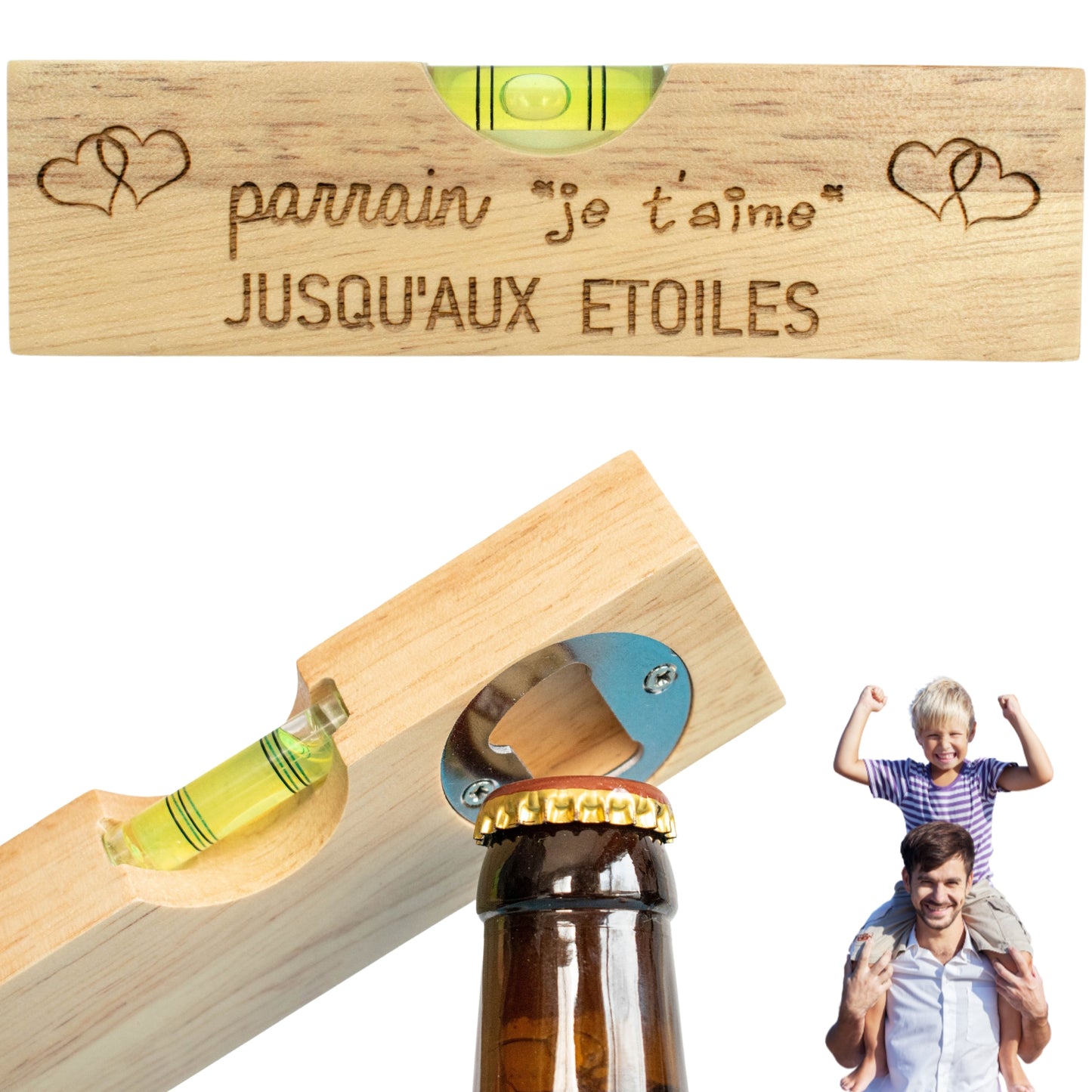 DECAPSULEUR EN BOIS 2 EN 1 - NIVEAU - PARRAIN - JE T'AIME JUSQU'AUX ETOILES