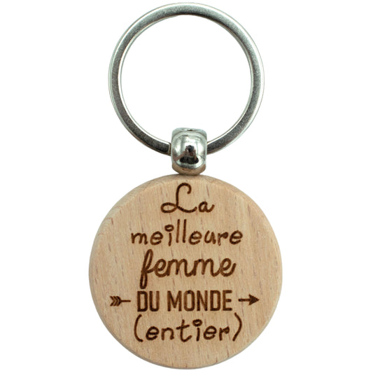 PORTE-CLEFS ROND EN BOIS - FEMME - MEILLEURE DU MONDE ENTIER