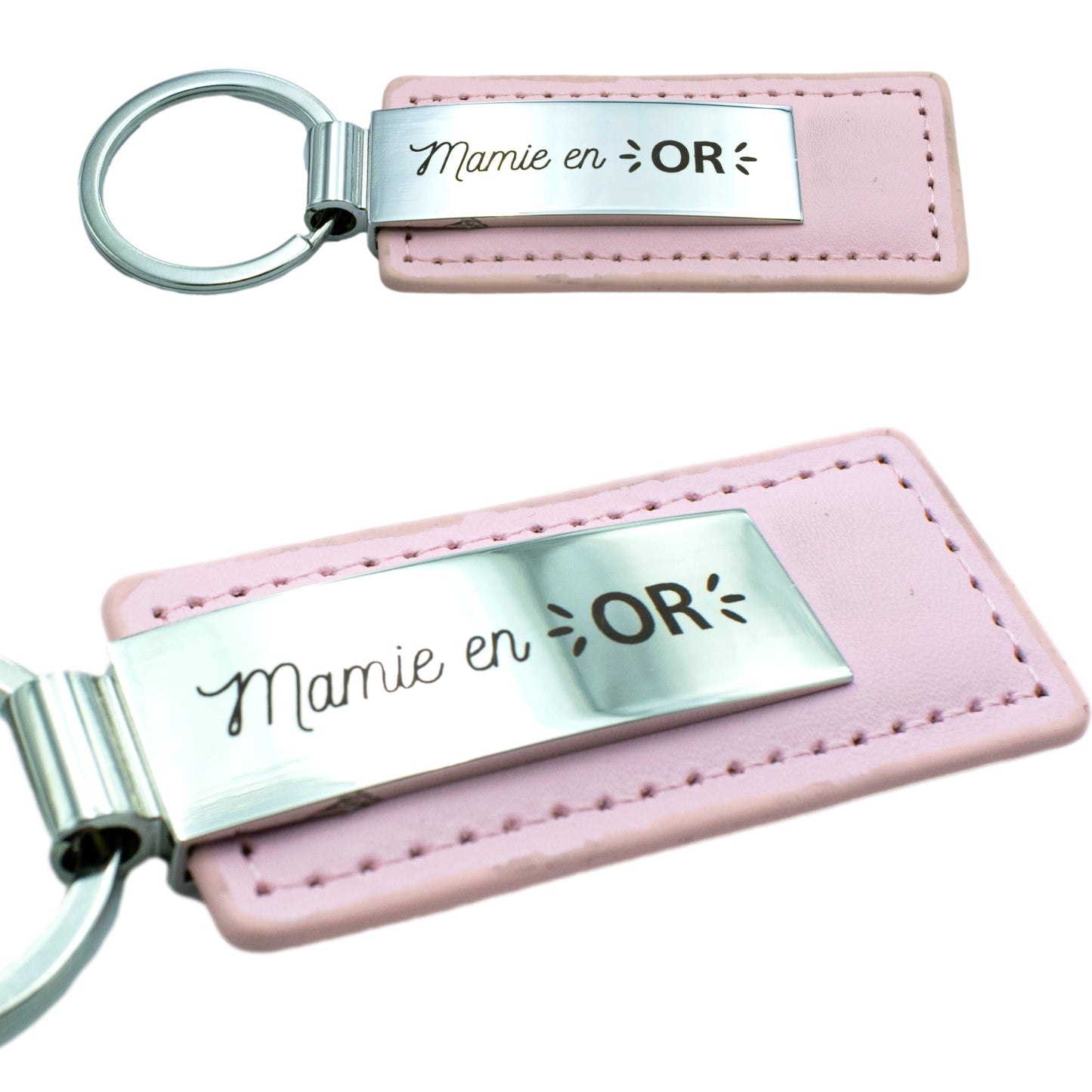 PORTE-CLEFS EN ACIER ET CUIR - ROSE - MAMIE EN OR
