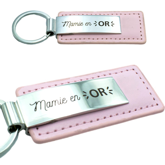 PORTE-CLEFS EN ACIER ET CUIR - ROSE - MAMIE EN OR