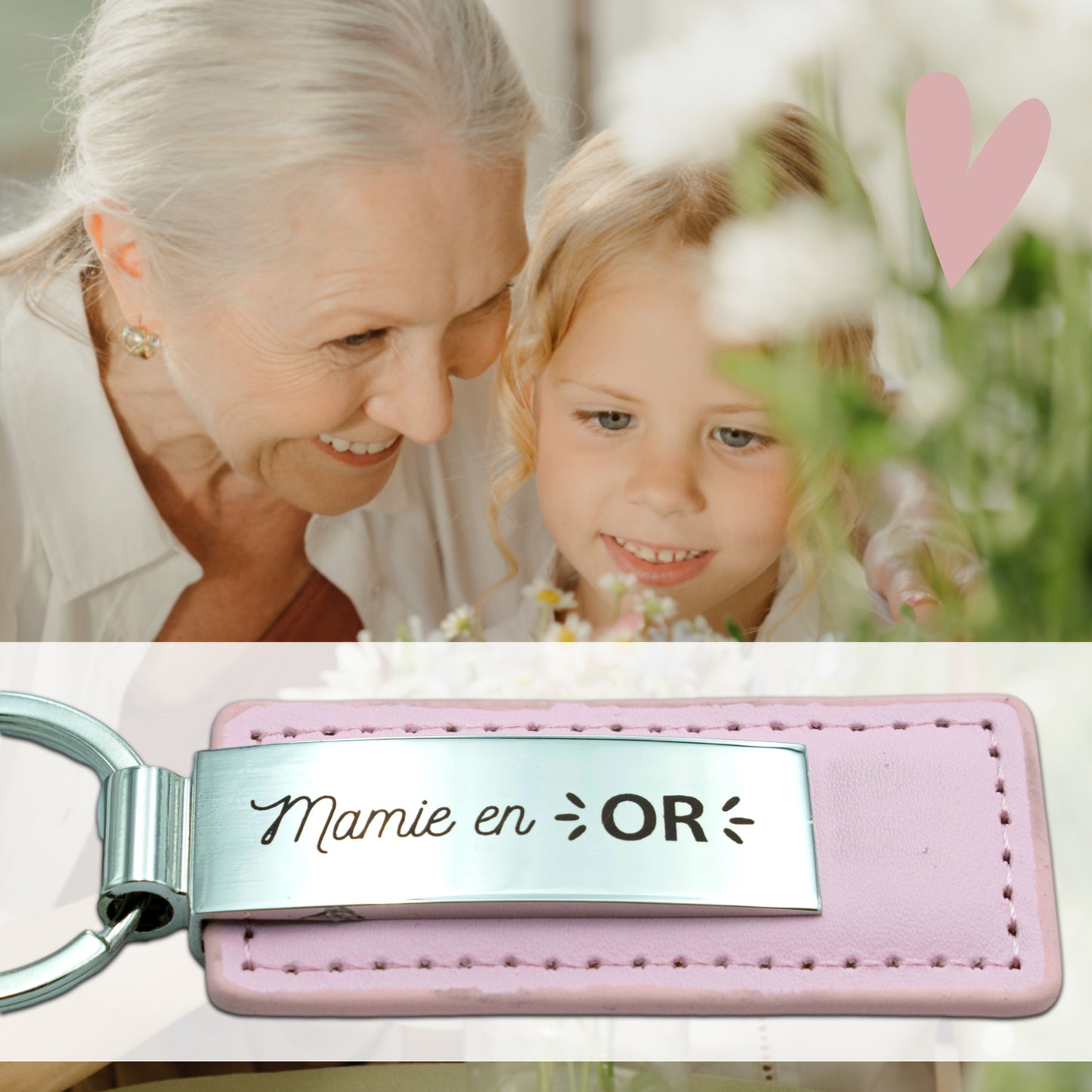 PORTE-CLEFS EN ACIER ET CUIR - ROSE - MAMIE EN OR