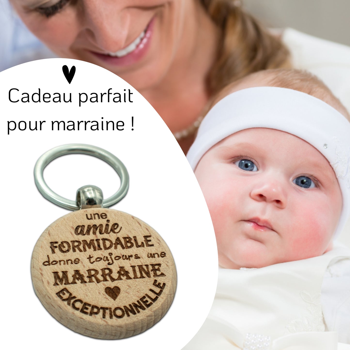 PORTE-CLEFS ROND EN BOIS - MARRAINE - AMIE FORMIDABLE MARRAINE EXCEPTIONNEL