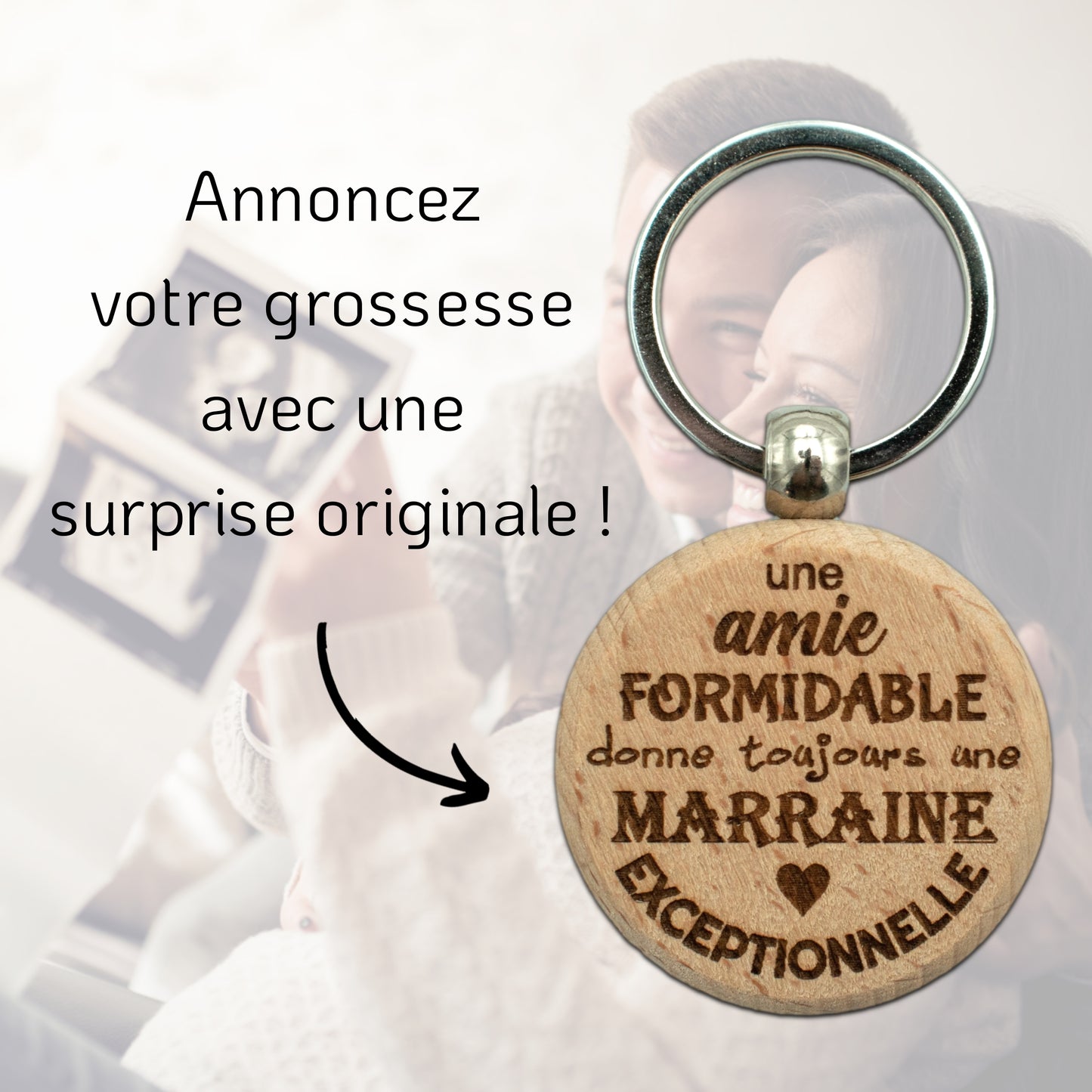 PORTE-CLEFS ROND EN BOIS - MARRAINE - AMIE FORMIDABLE MARRAINE EXCEPTIONNEL