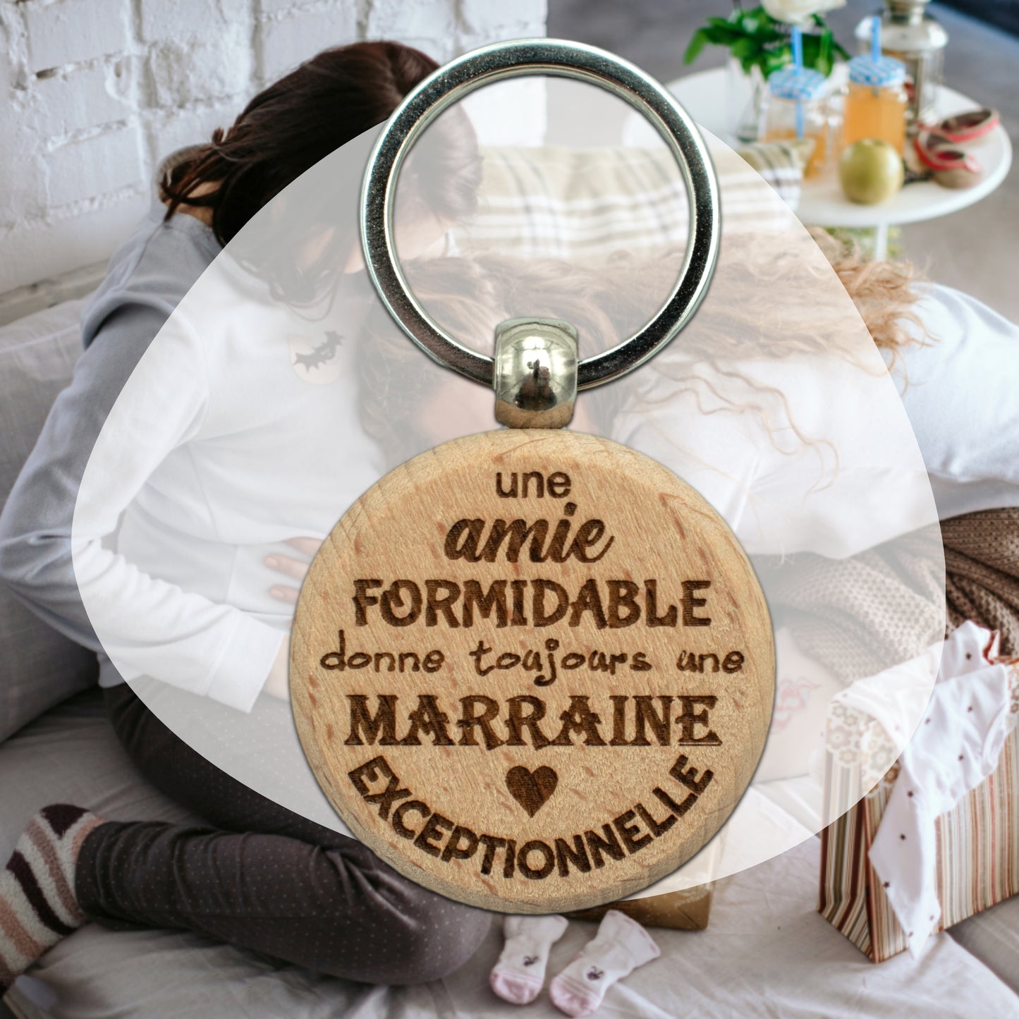 PORTE-CLEFS ROND EN BOIS - MARRAINE - AMIE FORMIDABLE MARRAINE EXCEPTIONNEL