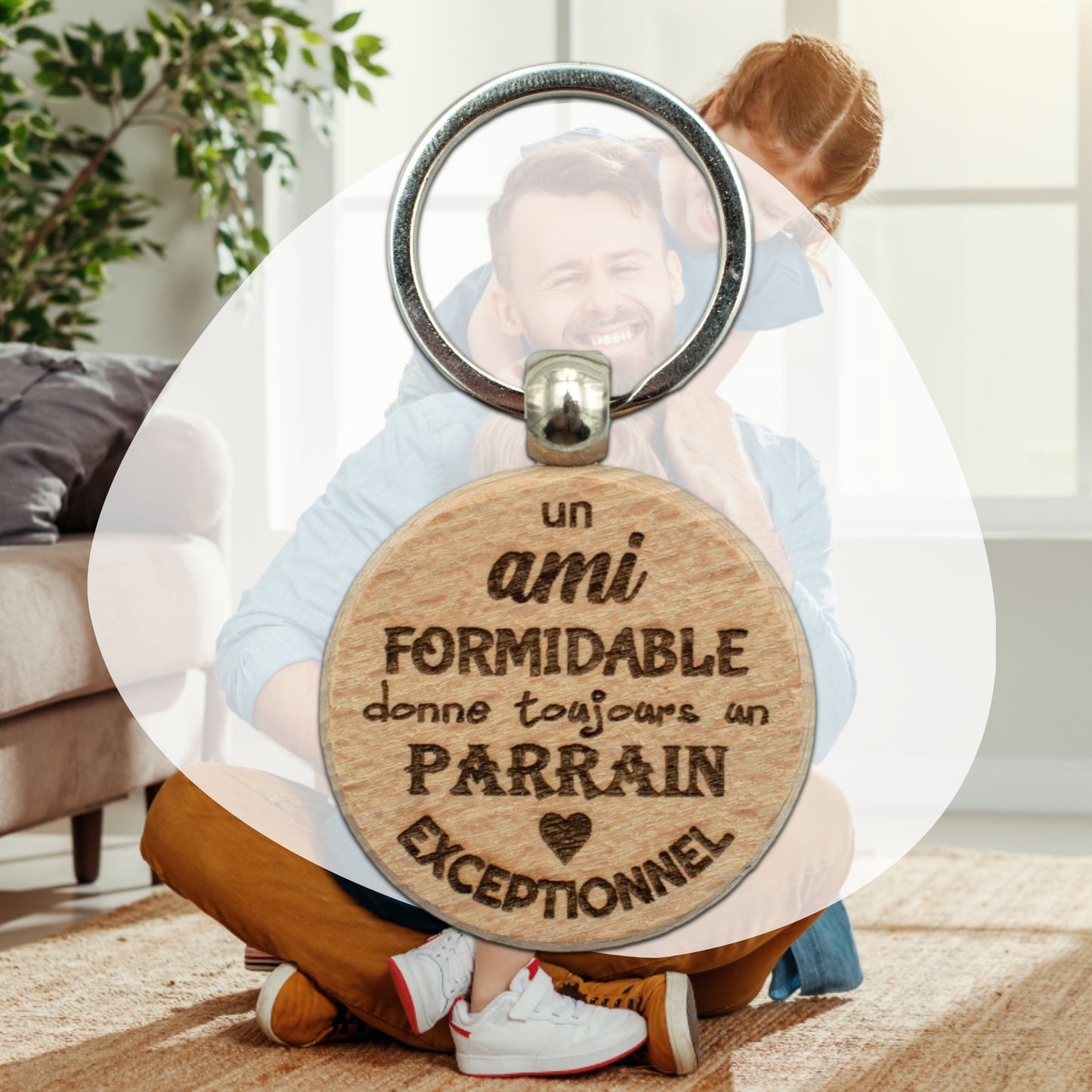 PORTE-CLEFS ROND EN BOIS - PARRAIN - AMI FORMIDABLE PARRAIN EXCEPTIONNEL