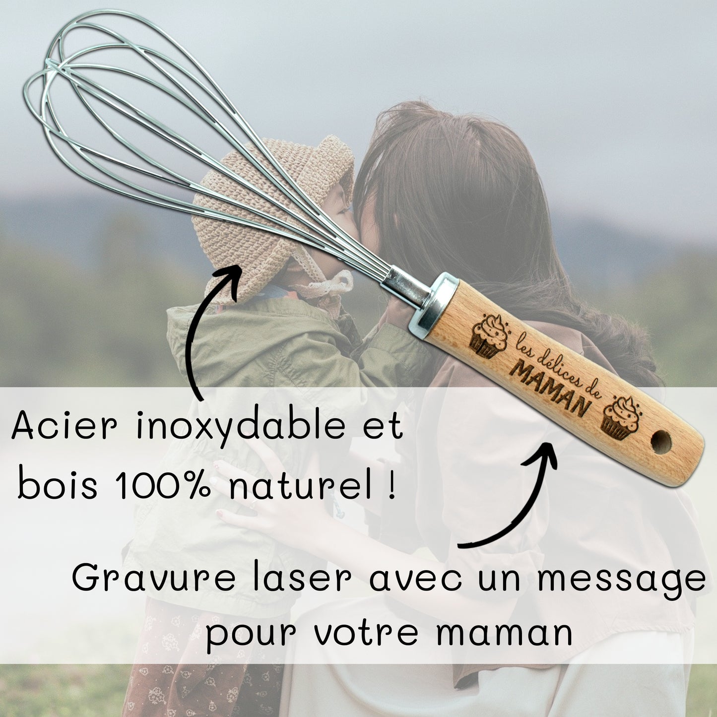 FOUET EN ACIER ET MANCHE EN BOIS - MAMAN - LES DELICES DE MAMAN