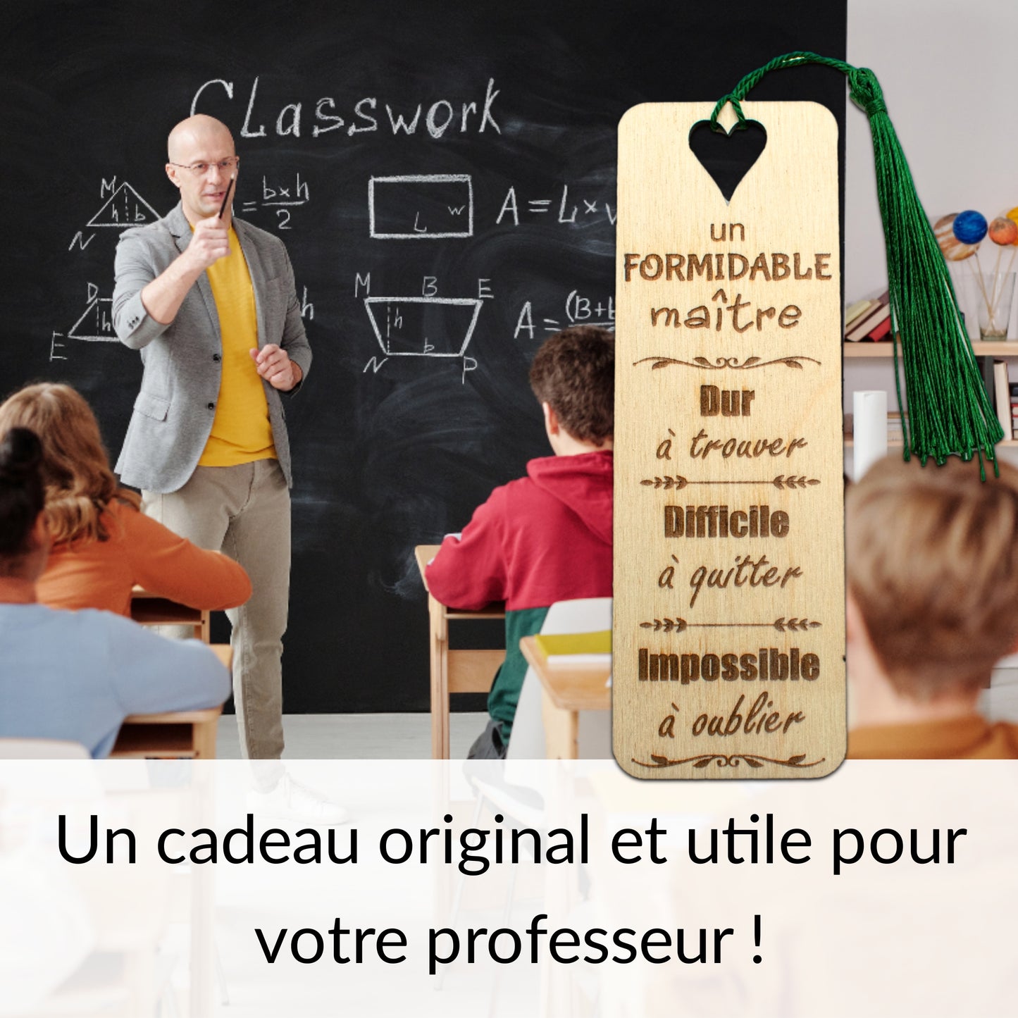 MARQUE-PAGES EN BOIS AVEC POMPON - VERT - MAITRE - DIFFICILE