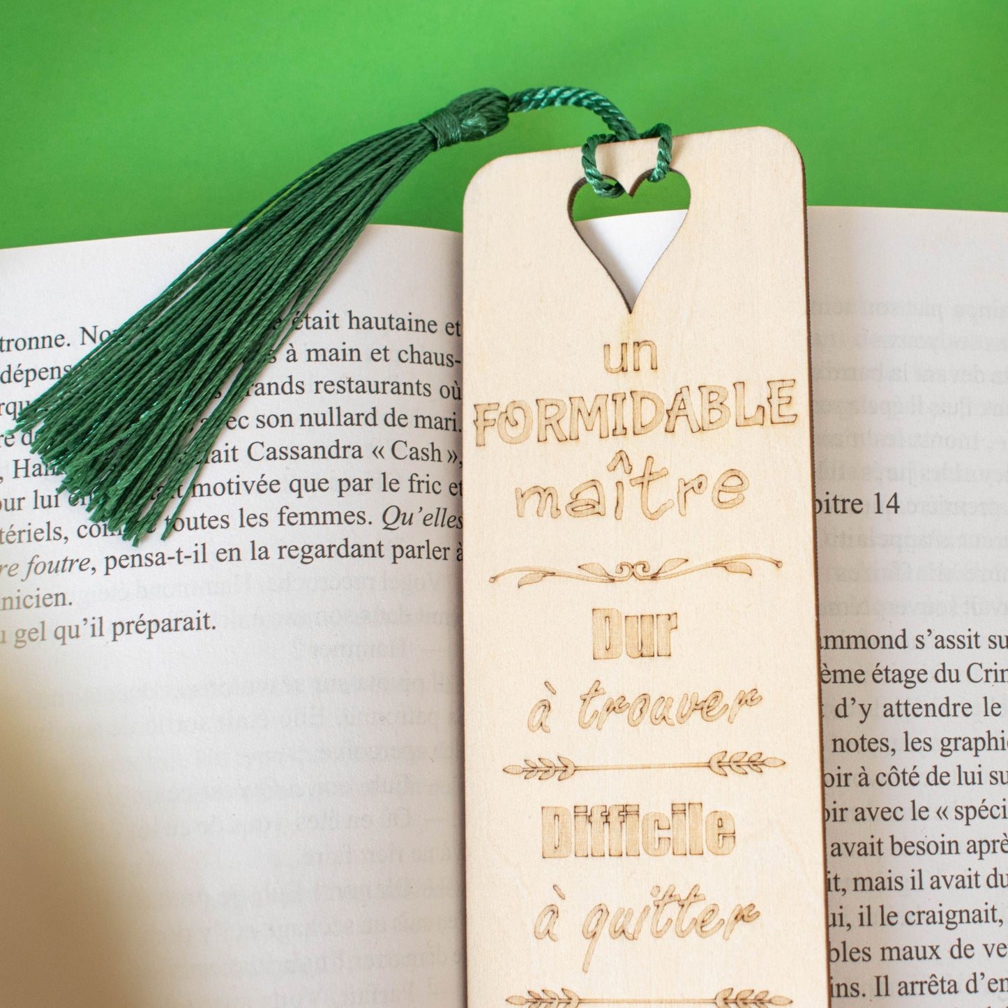 MARQUE-PAGES EN BOIS AVEC POMPON - VERT - MAITRE - DIFFICILE